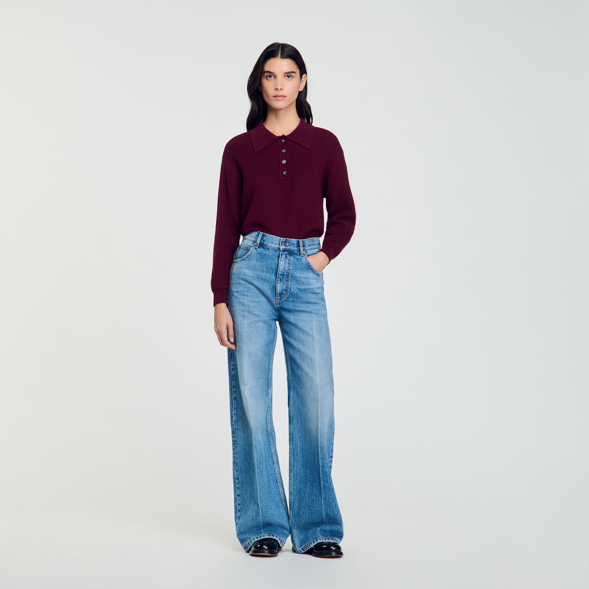 Cable knit polo neck jumper