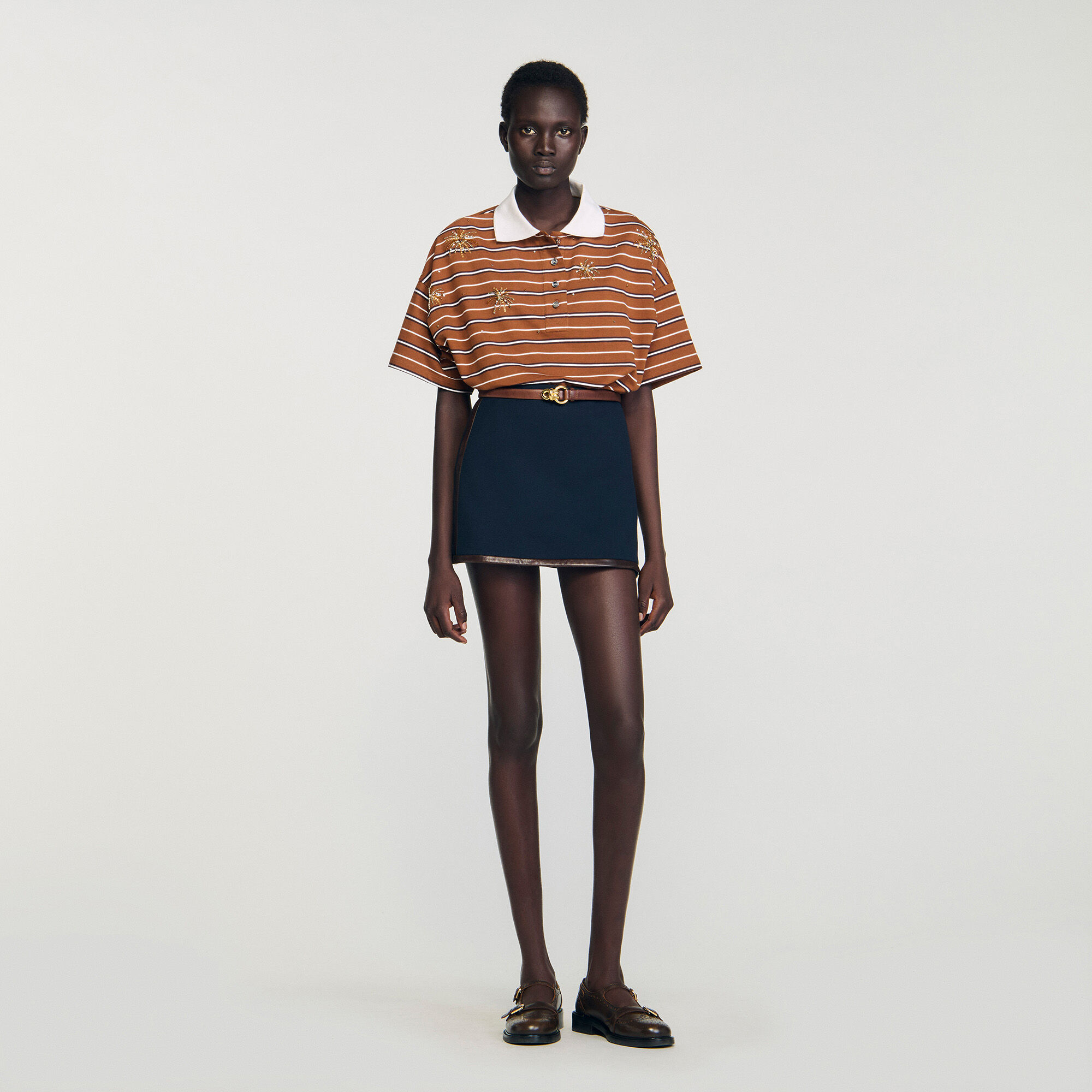 Short skirt with leather bands blue For Women | Sandro Paris