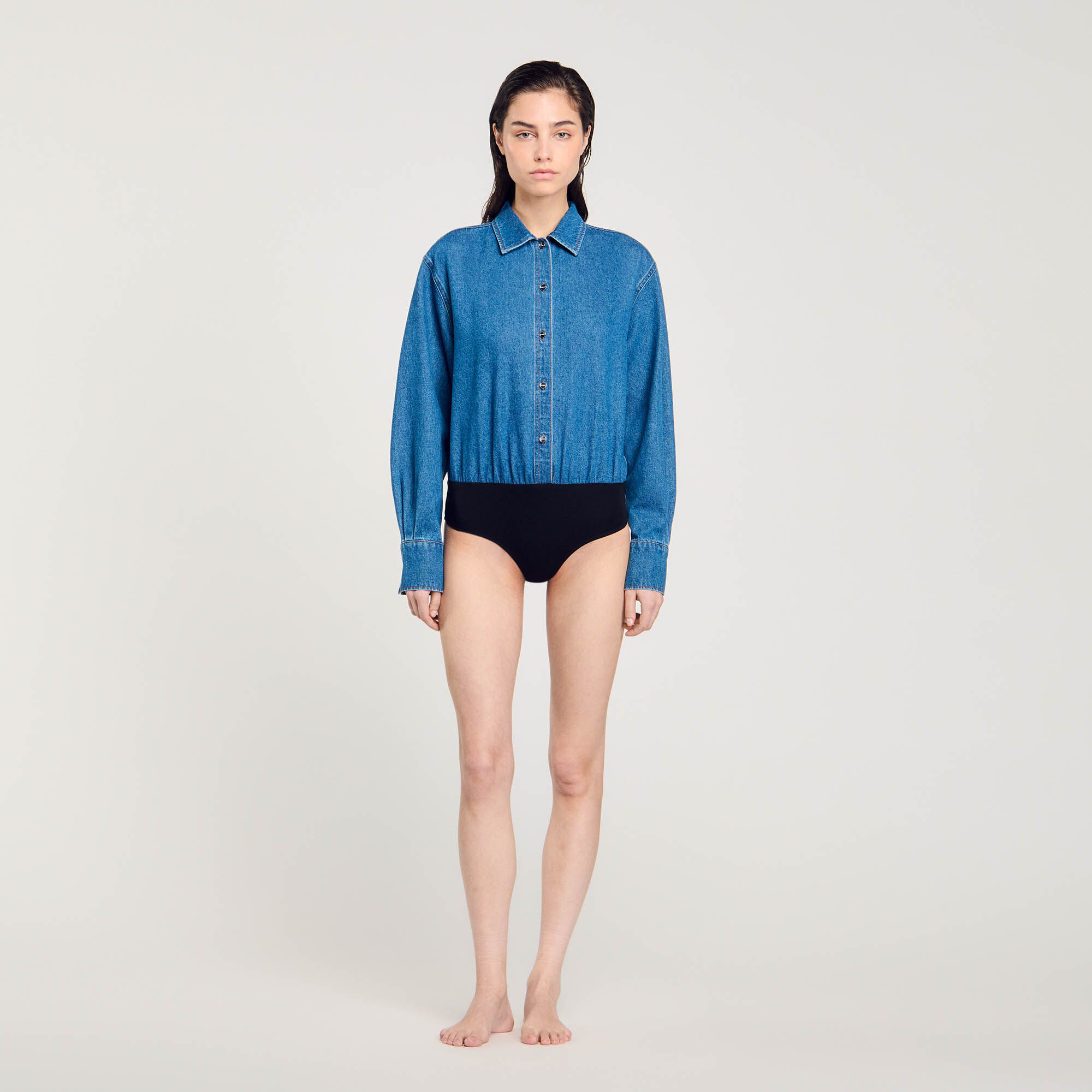 Denim shirt bodysuit