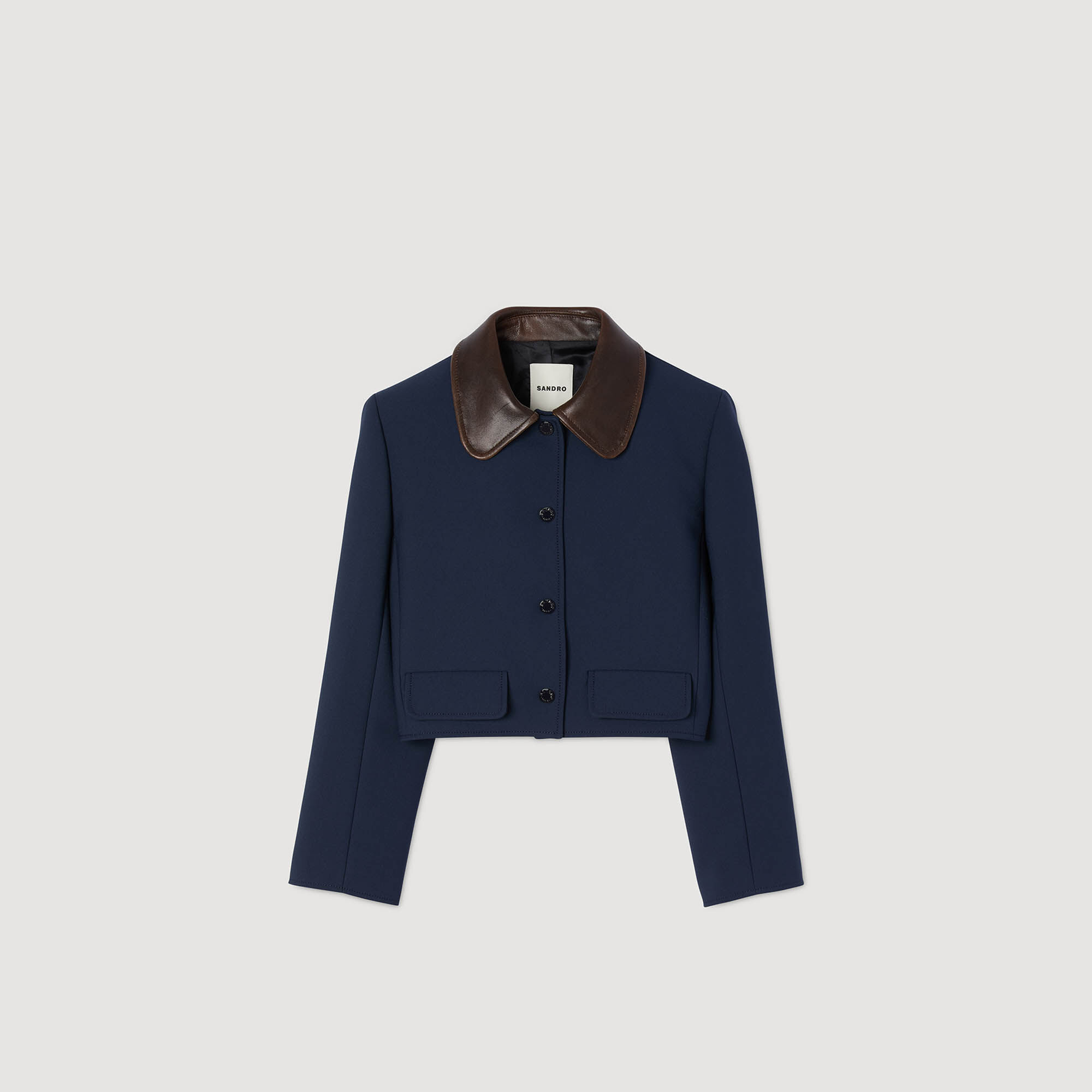 【海外限定】Sandroジャケット☆Contrast-Collar Button-Down Sl Cropped jacket with leather collar blue For Women | Sandro Paris