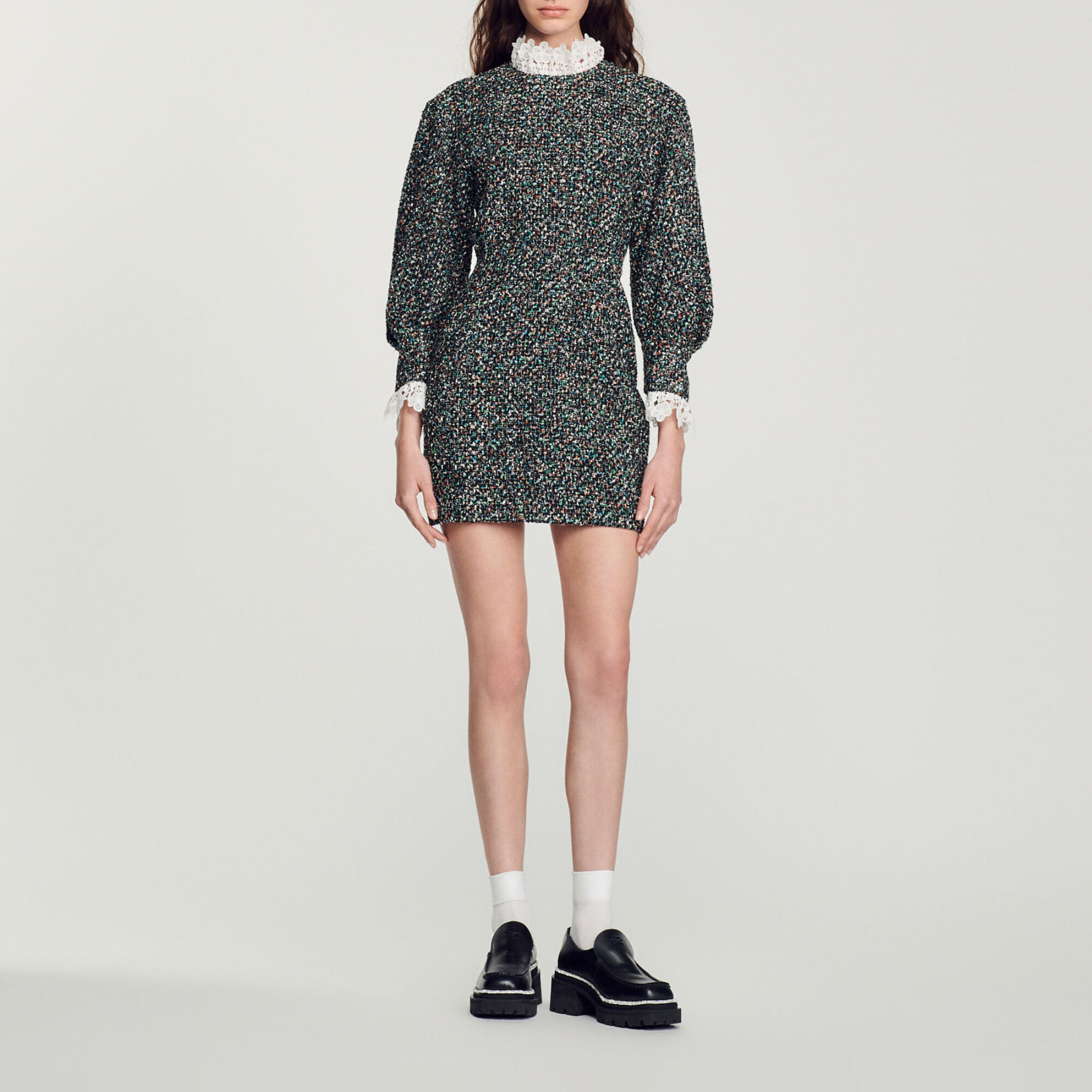 Tweed dress with trimmed neckline