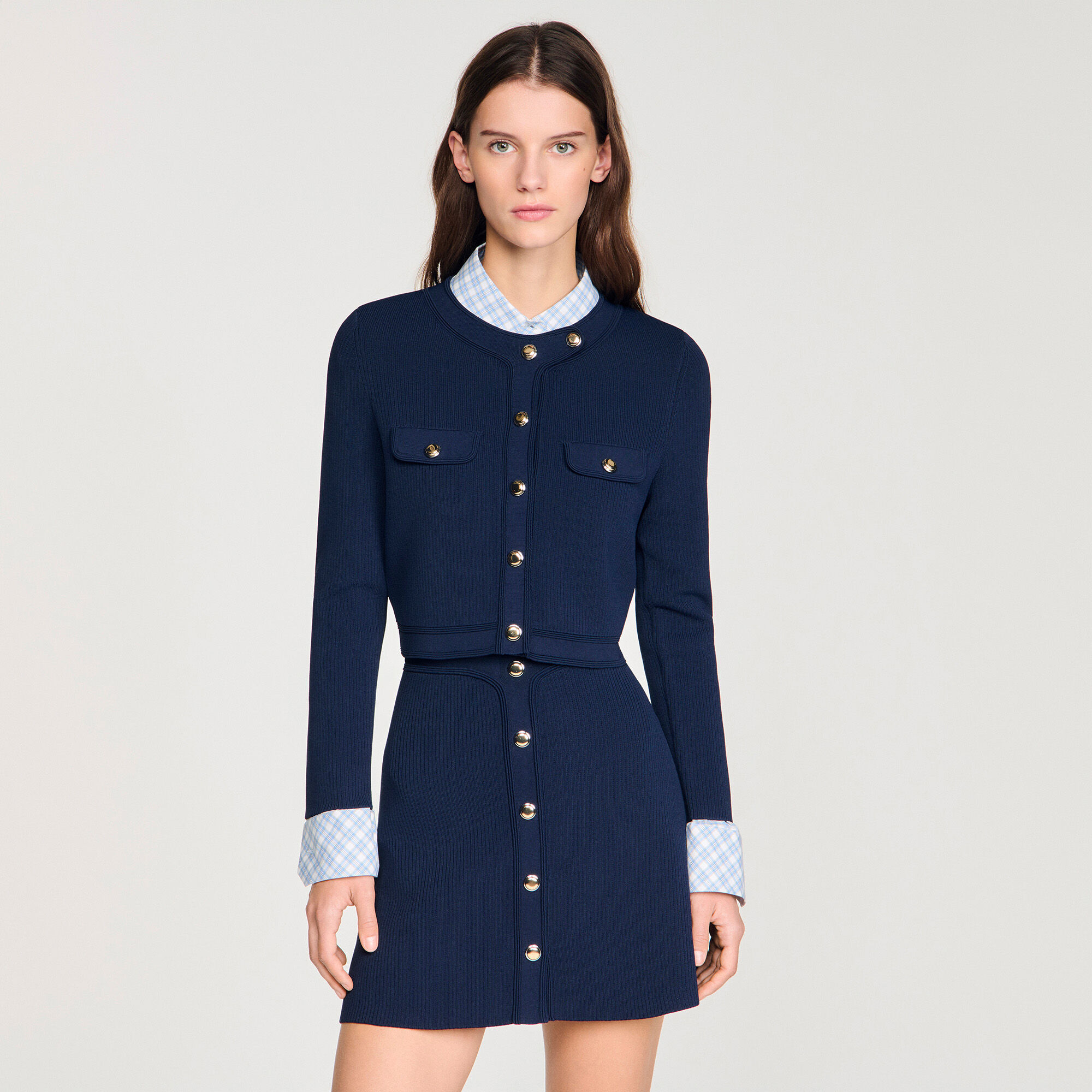 Cropped rib knit cardigan