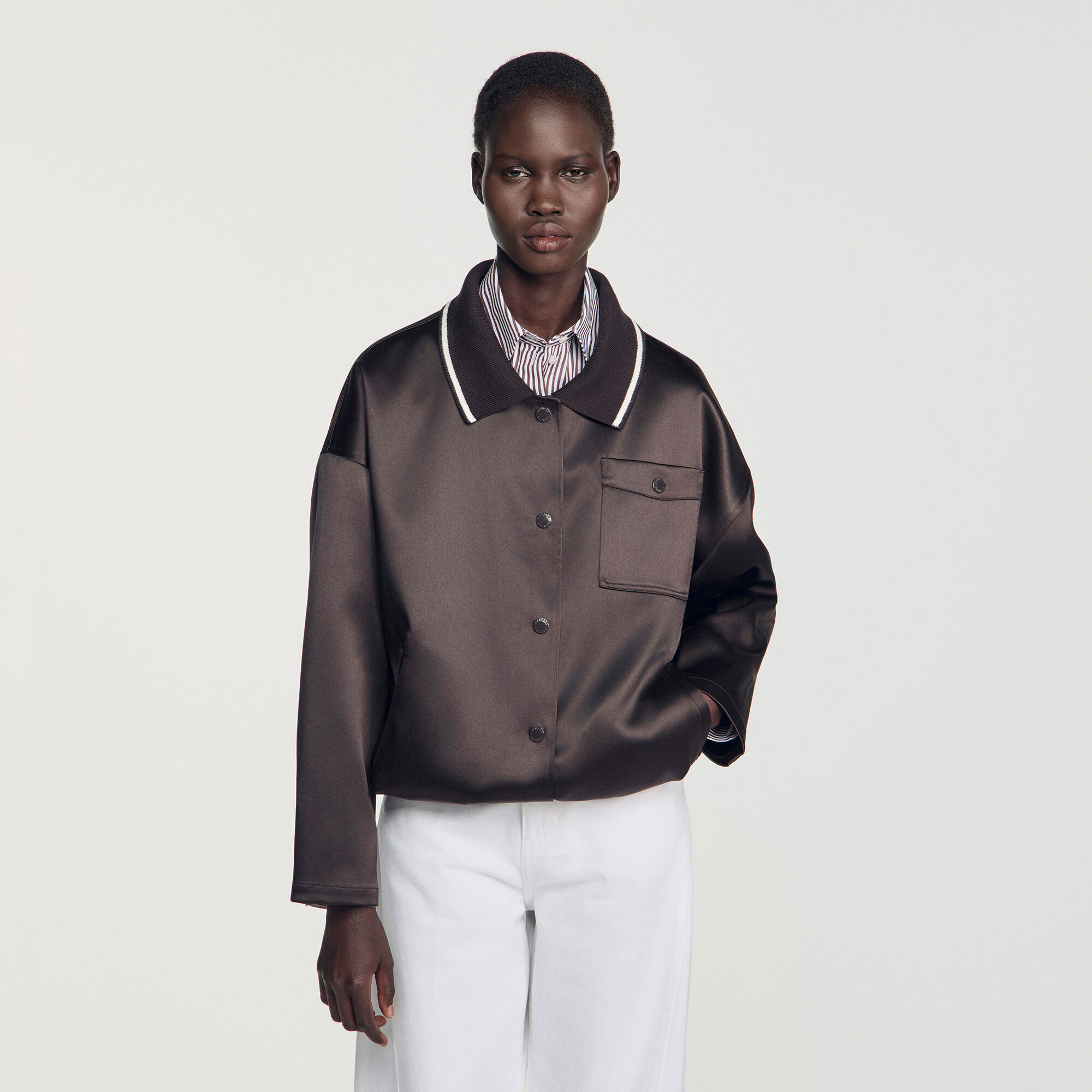 Satin-look jacket with polo collar