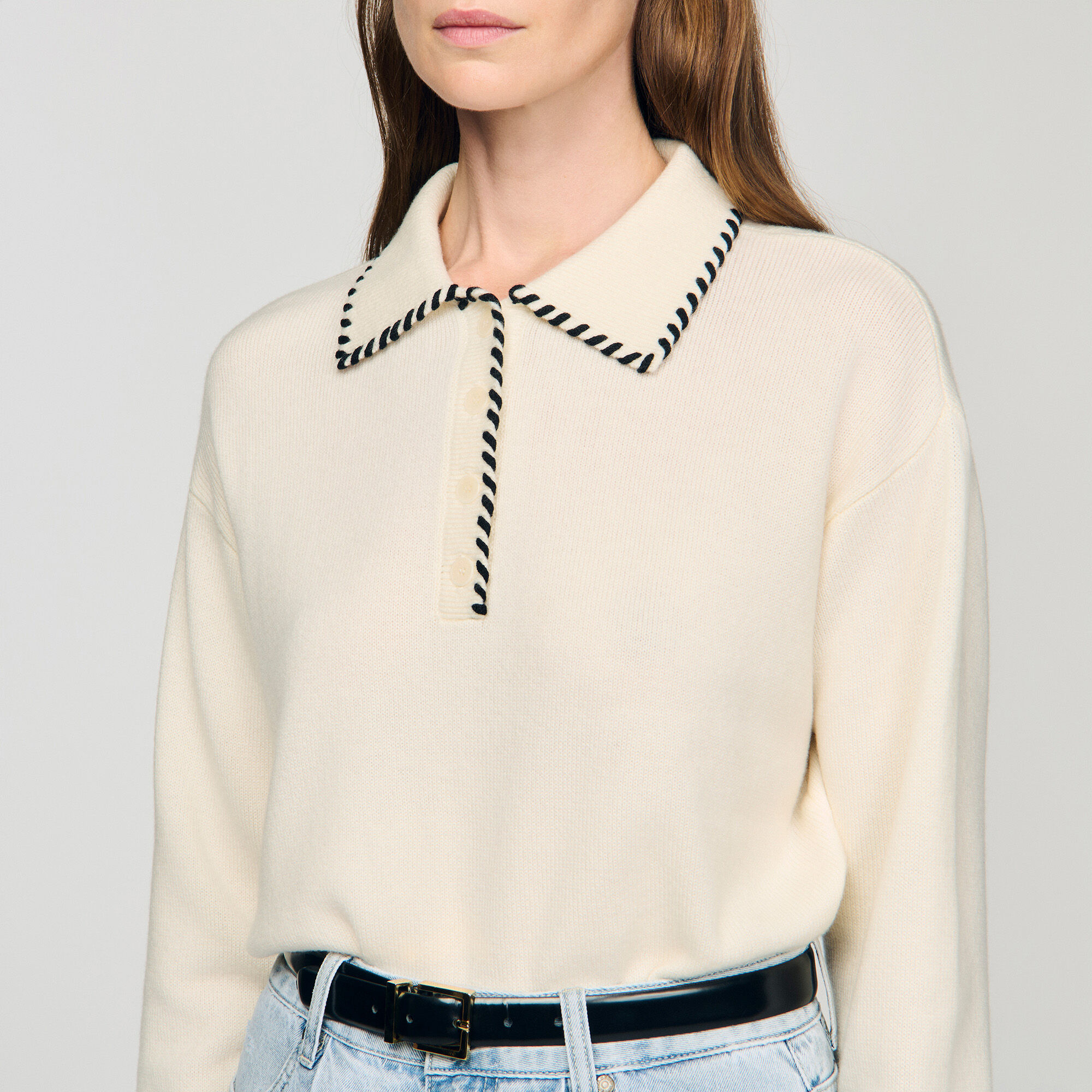 Contrast polo-neck knit jumper