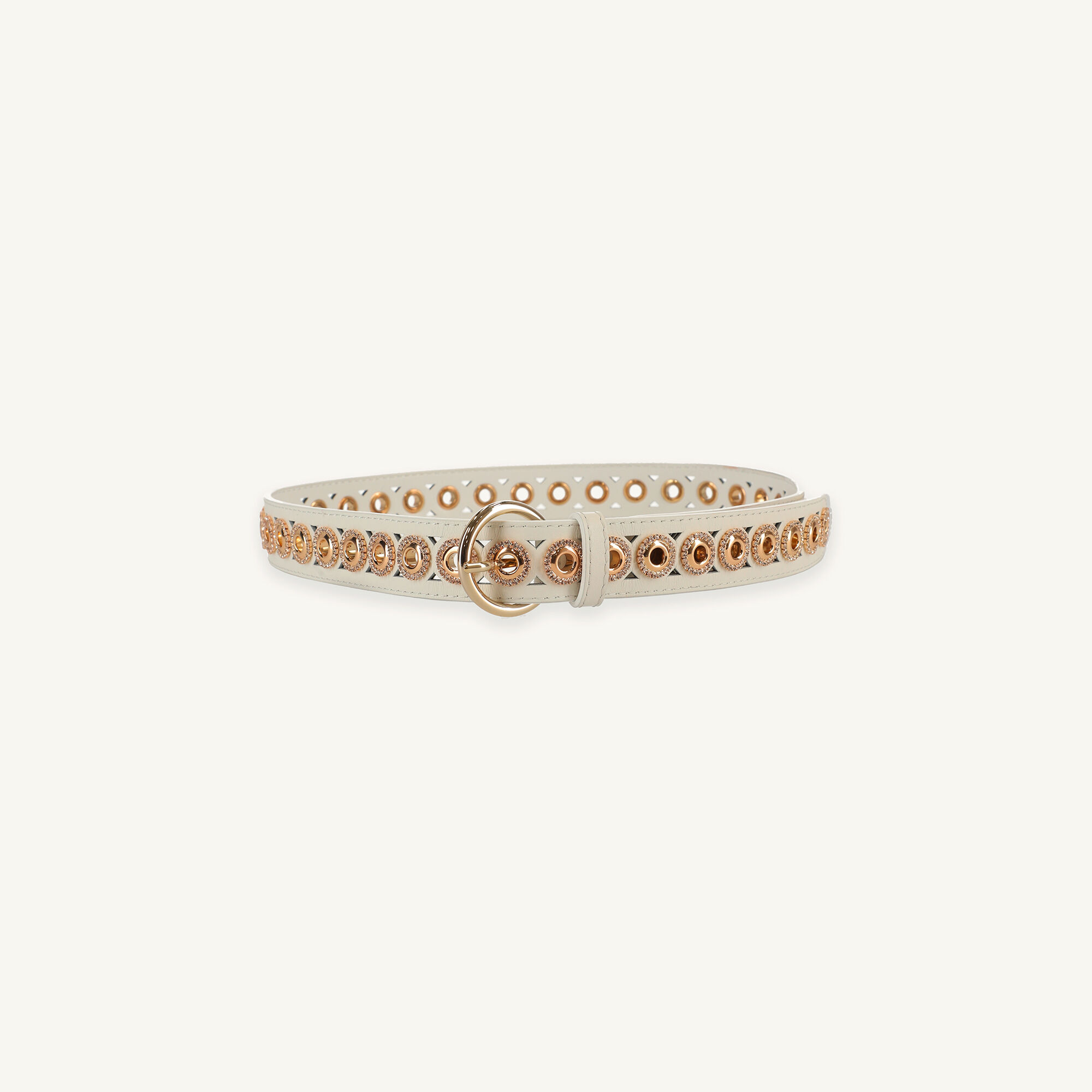 Leather belt with rhinestone eyelets