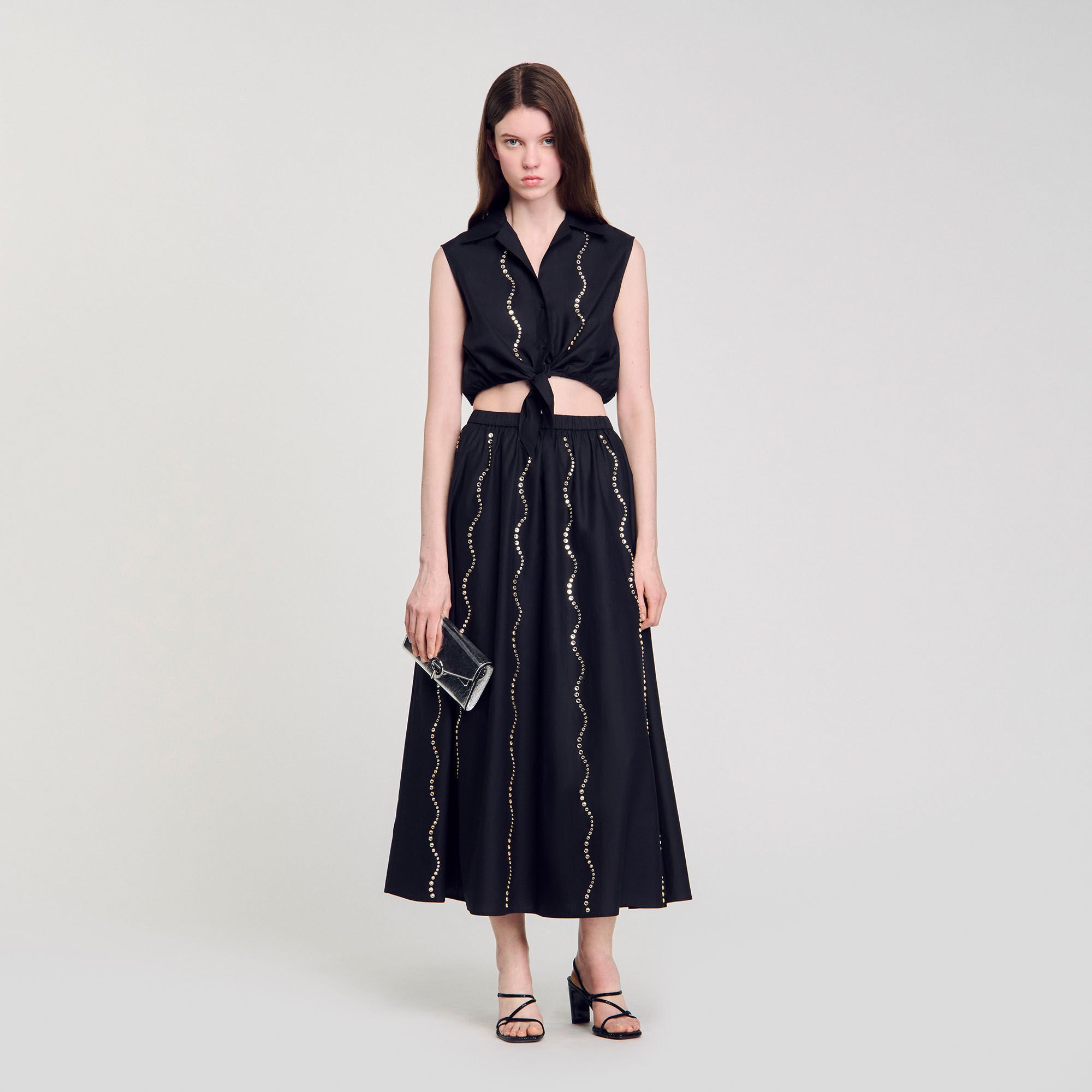 so_so Long rhinestone skirt black / gray For Women | Sandro Paris