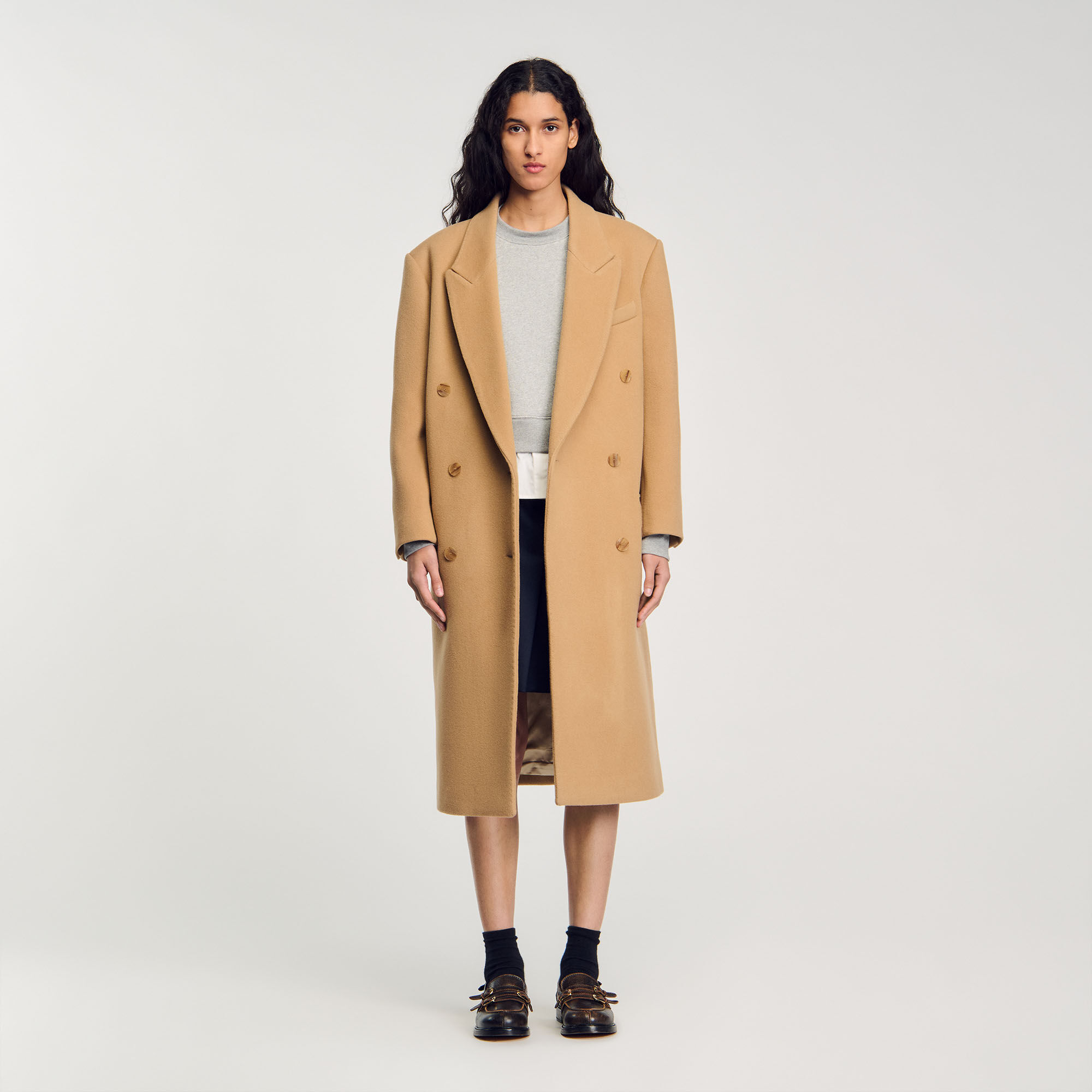 Long wool blend coat white beige For Women Sandro Paris