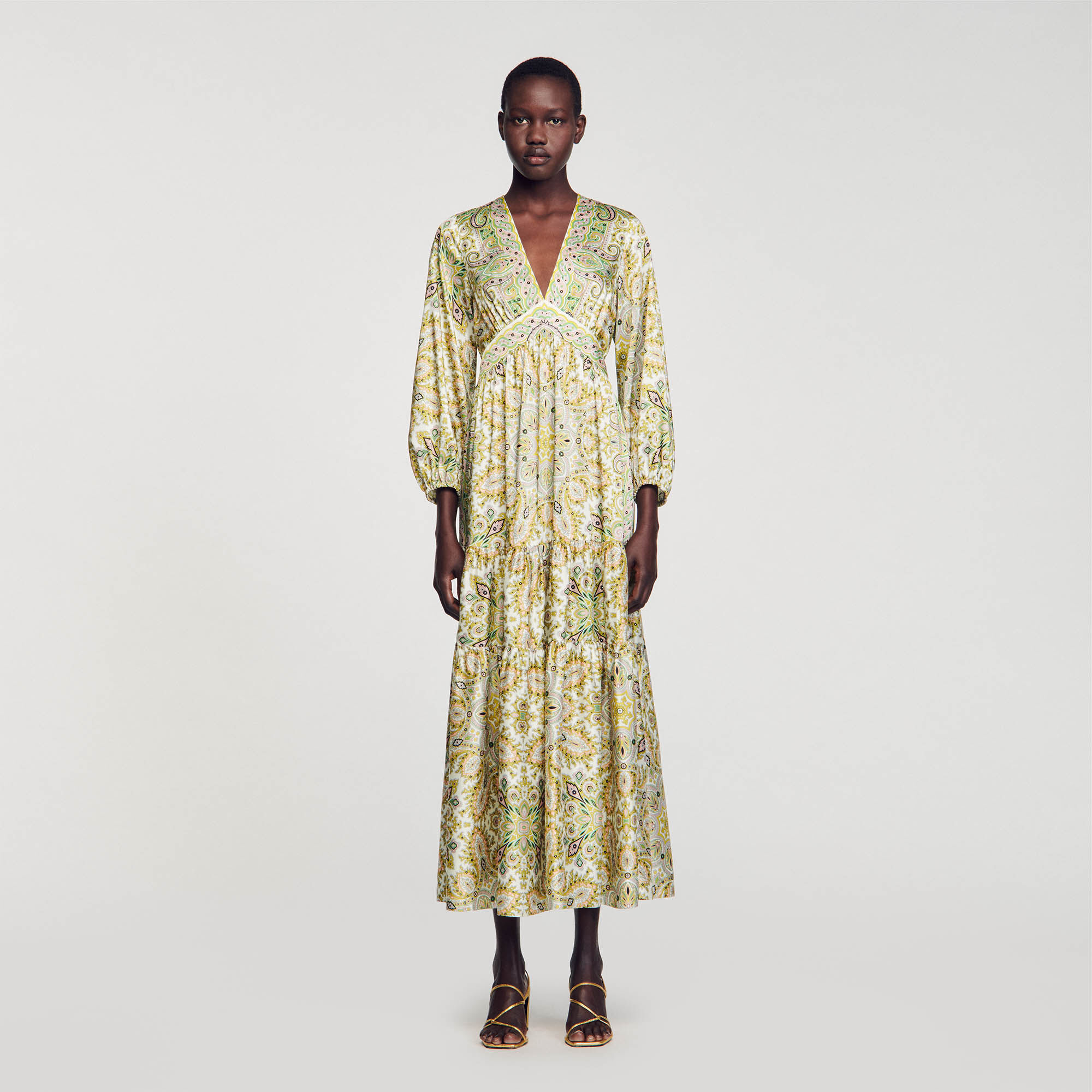 Scarf print maxi dress white beige For Women Sandro Paris