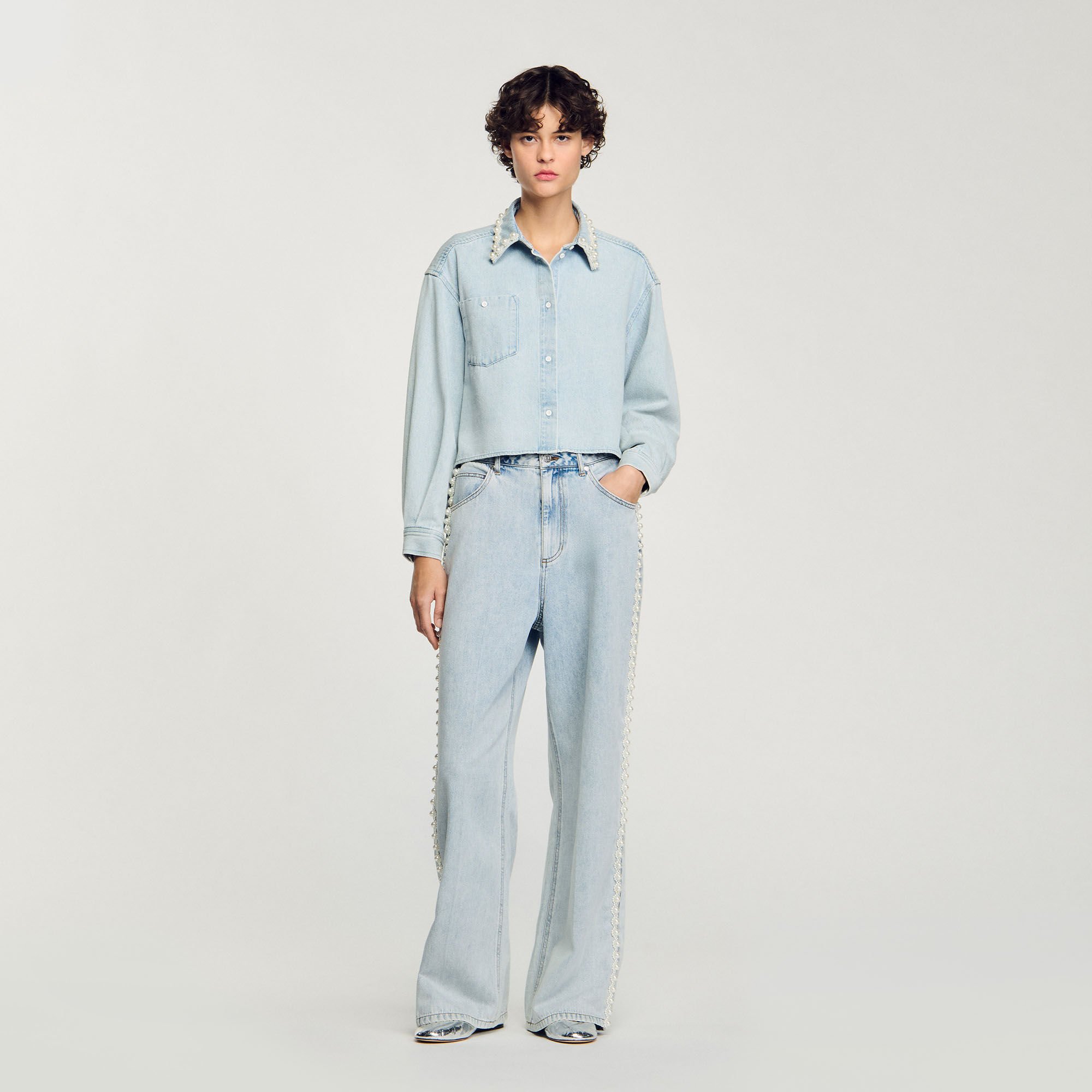Denim shirt with beaded collar