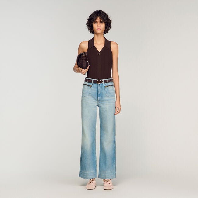 Faded straight zipped cotton jeans