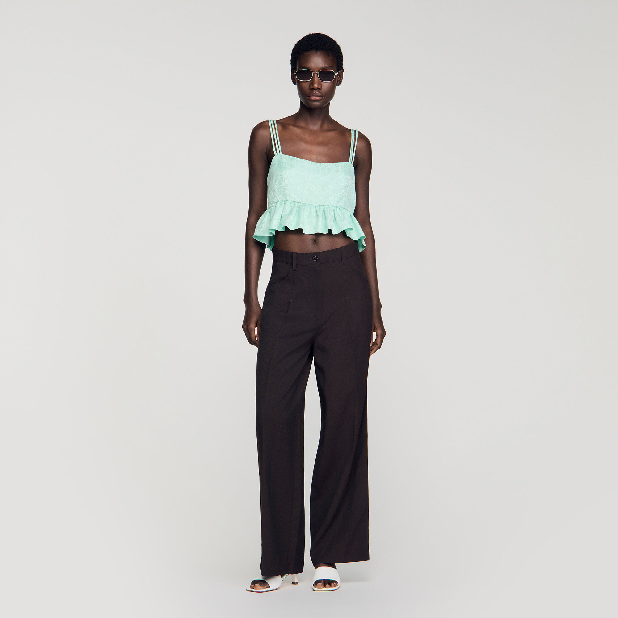 Floral jacquard ruffle crop top