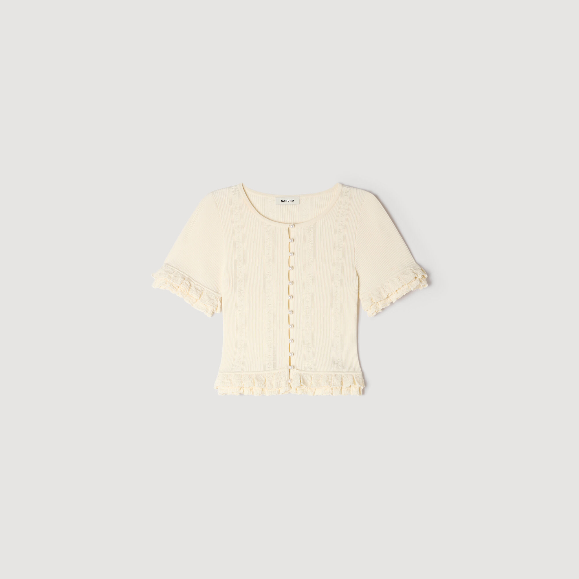 Ruffled knit cardigan white / beige For Women | Sandro Paris
