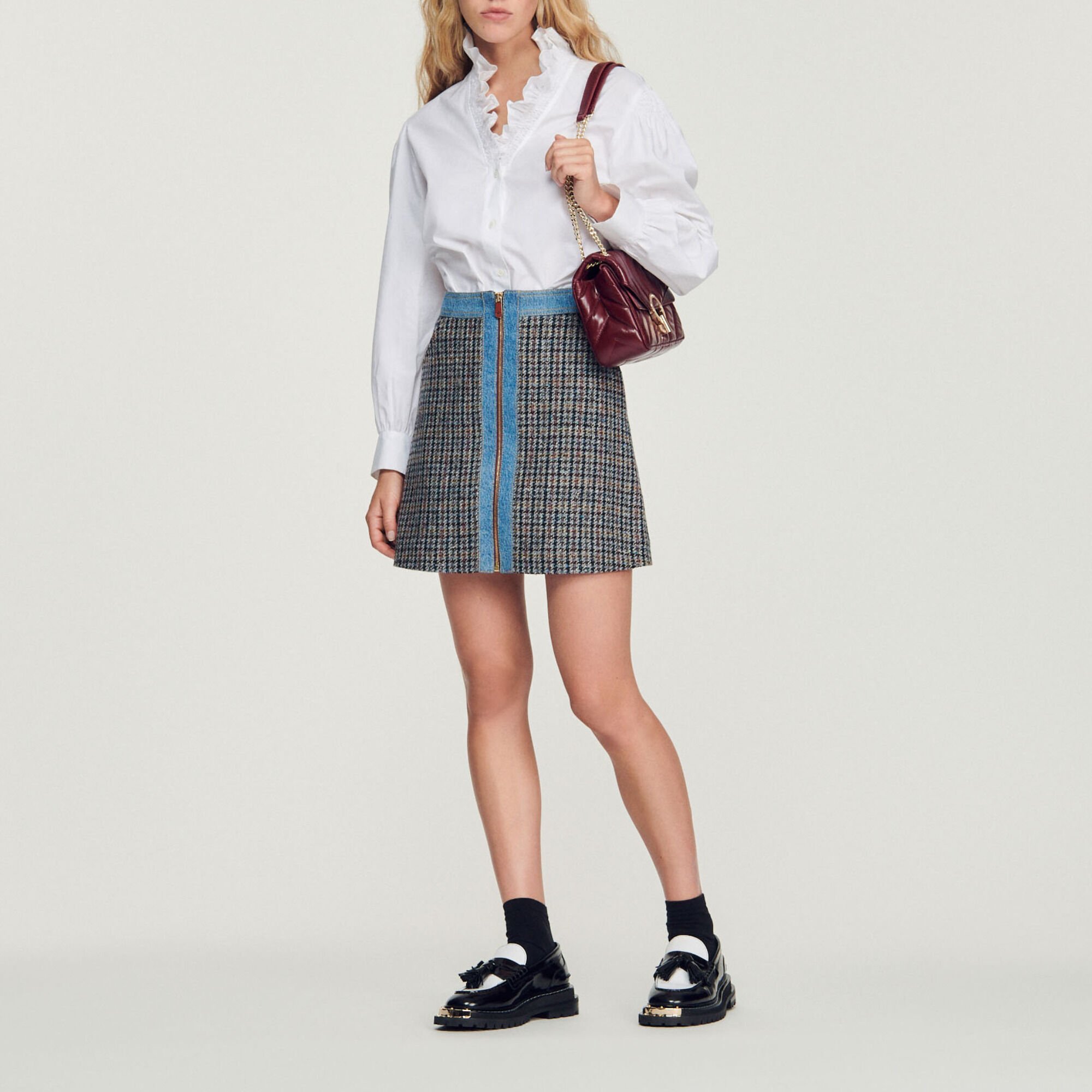 Short tweed and denim skirt