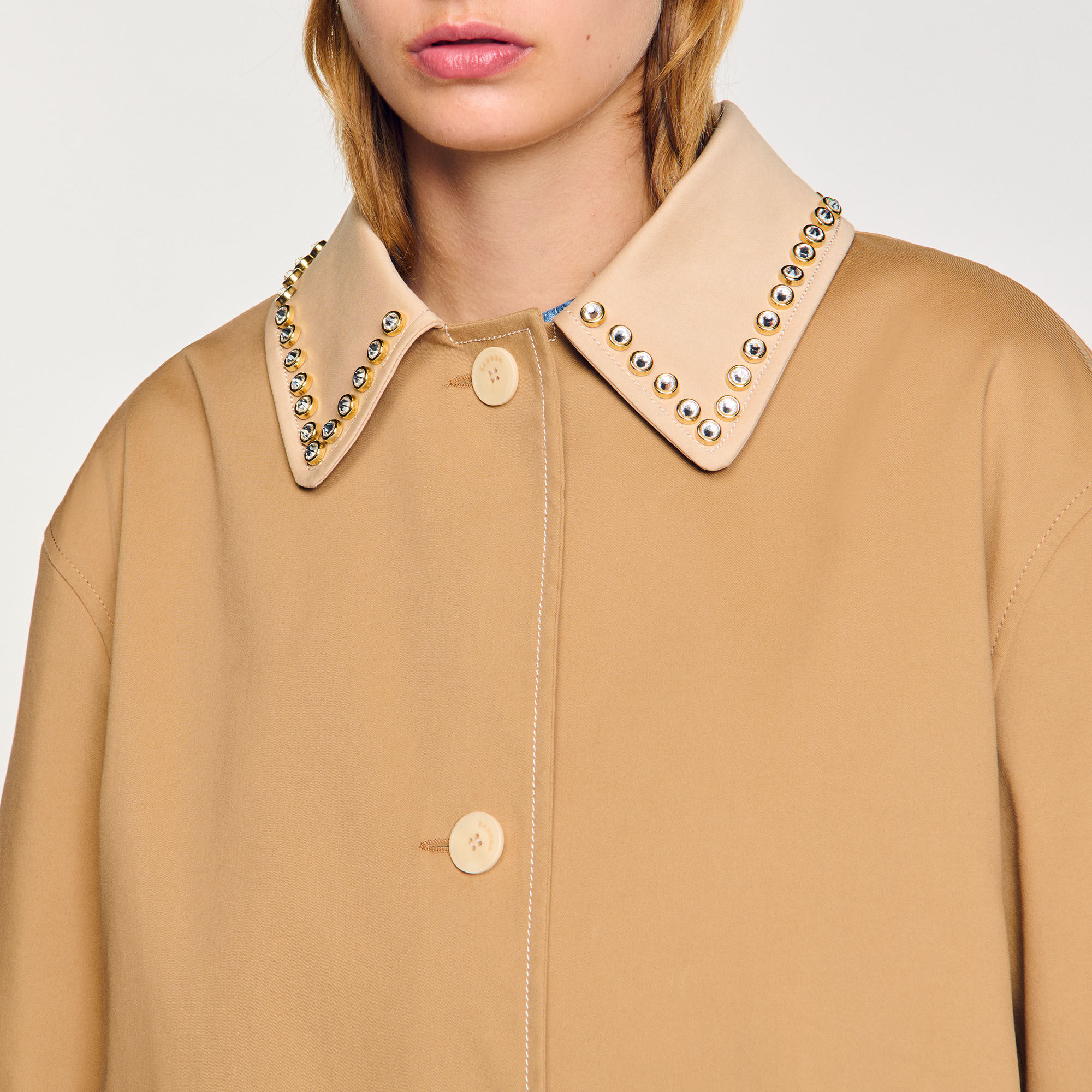 Trench coat with rhinestone collar white / beige For Women