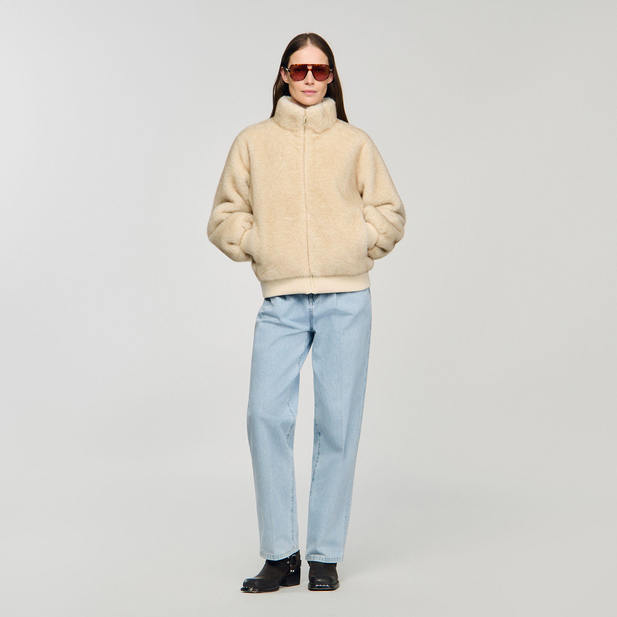 Faux fur jacket white / beige For Women | Sandro Paris