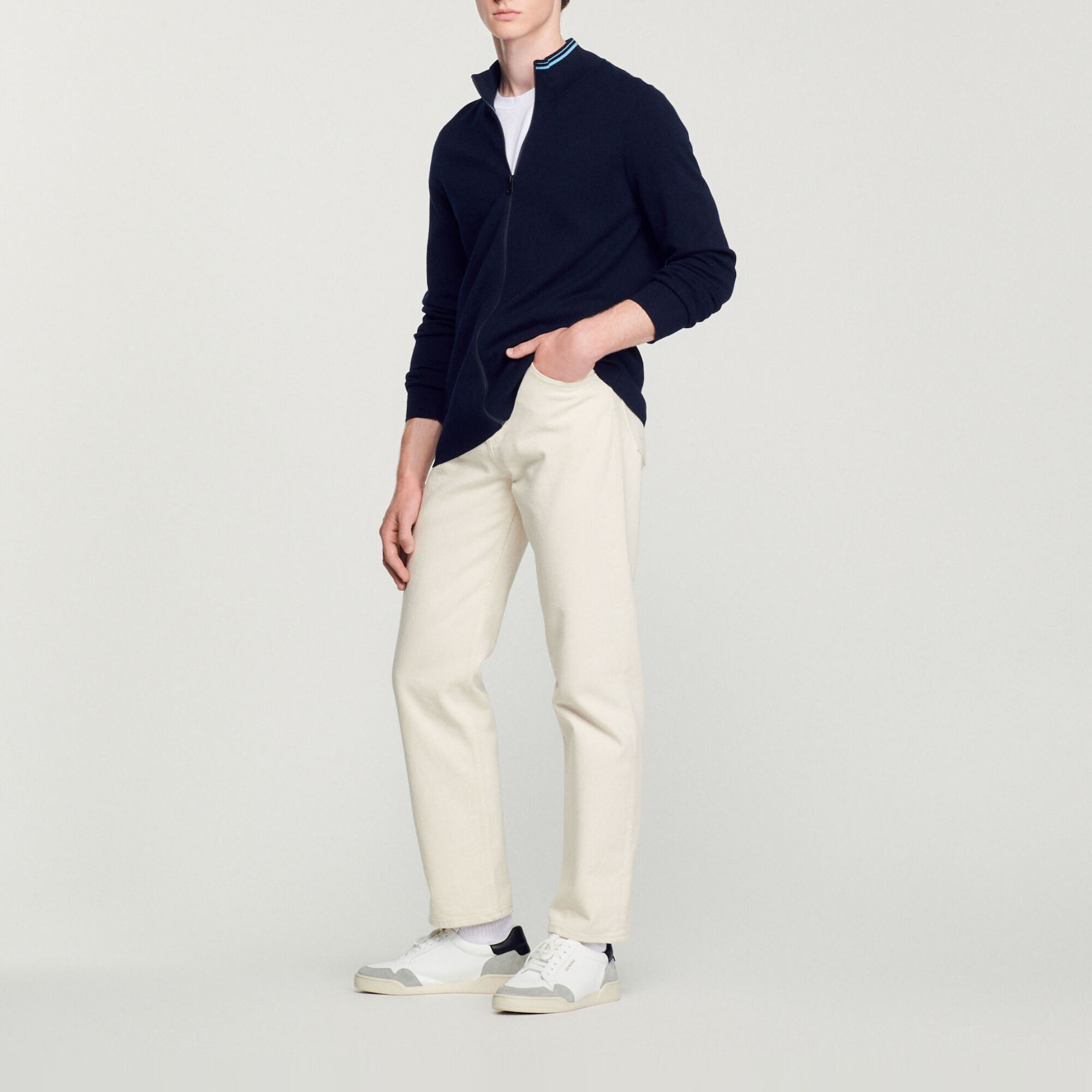 Zip-up cardigan with a striped collar
