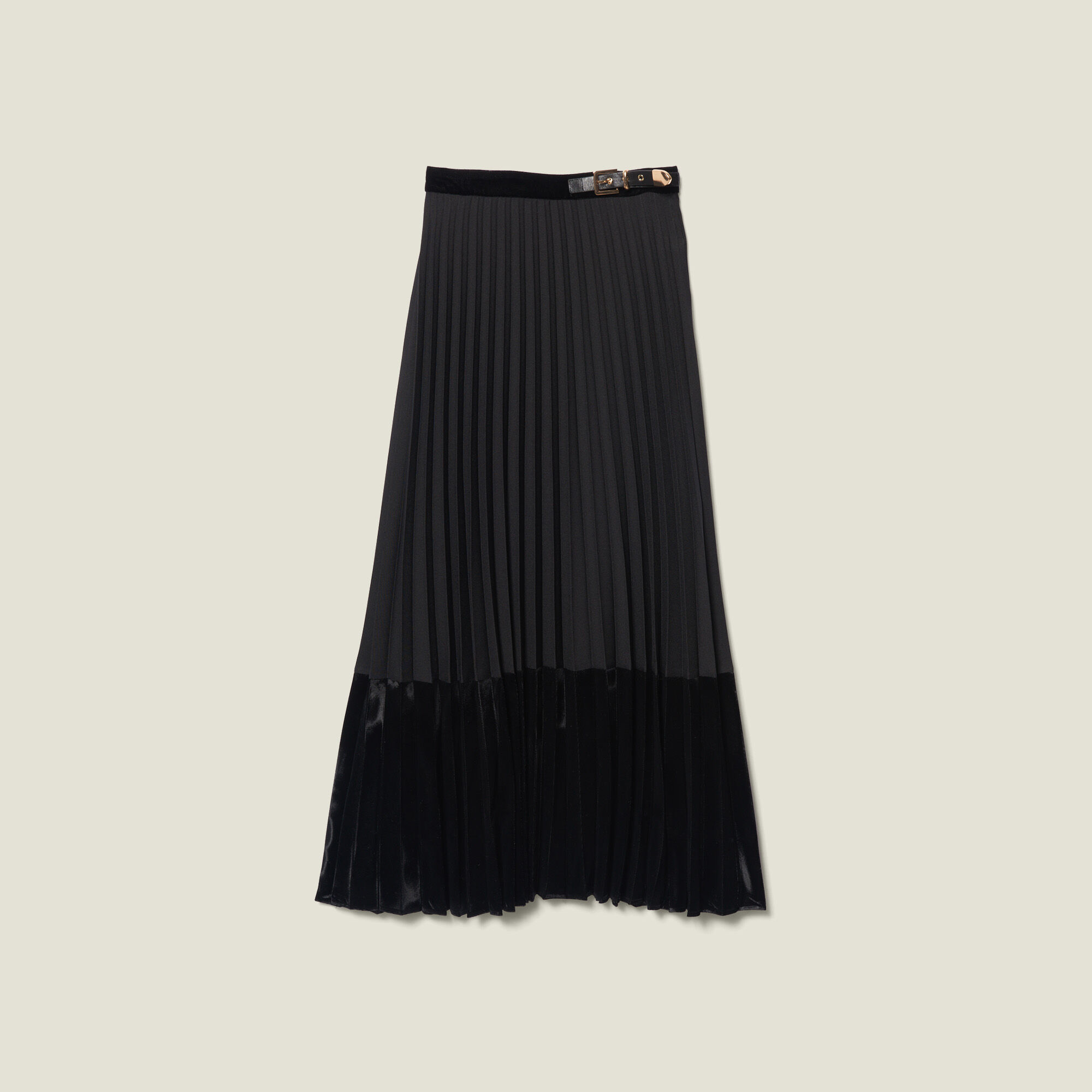 Long pleated wrapover skirt