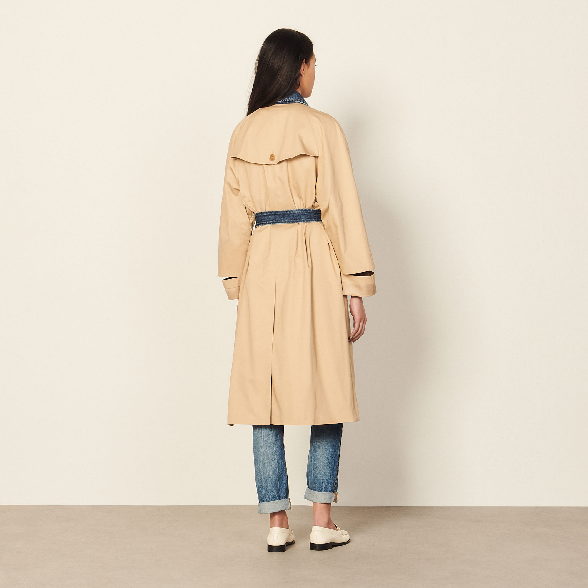 Mixed-material trench coat