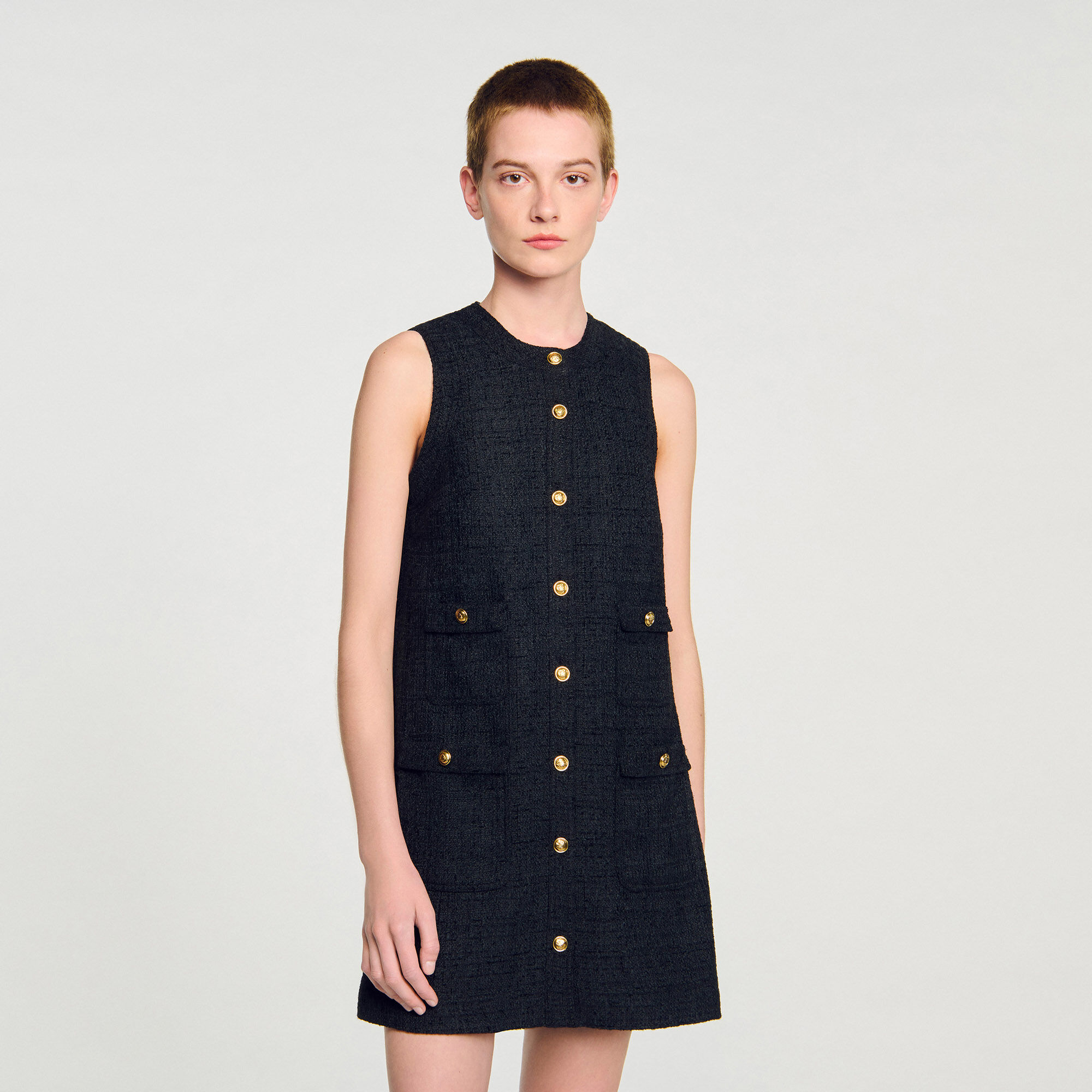 sheller side button tweed dress