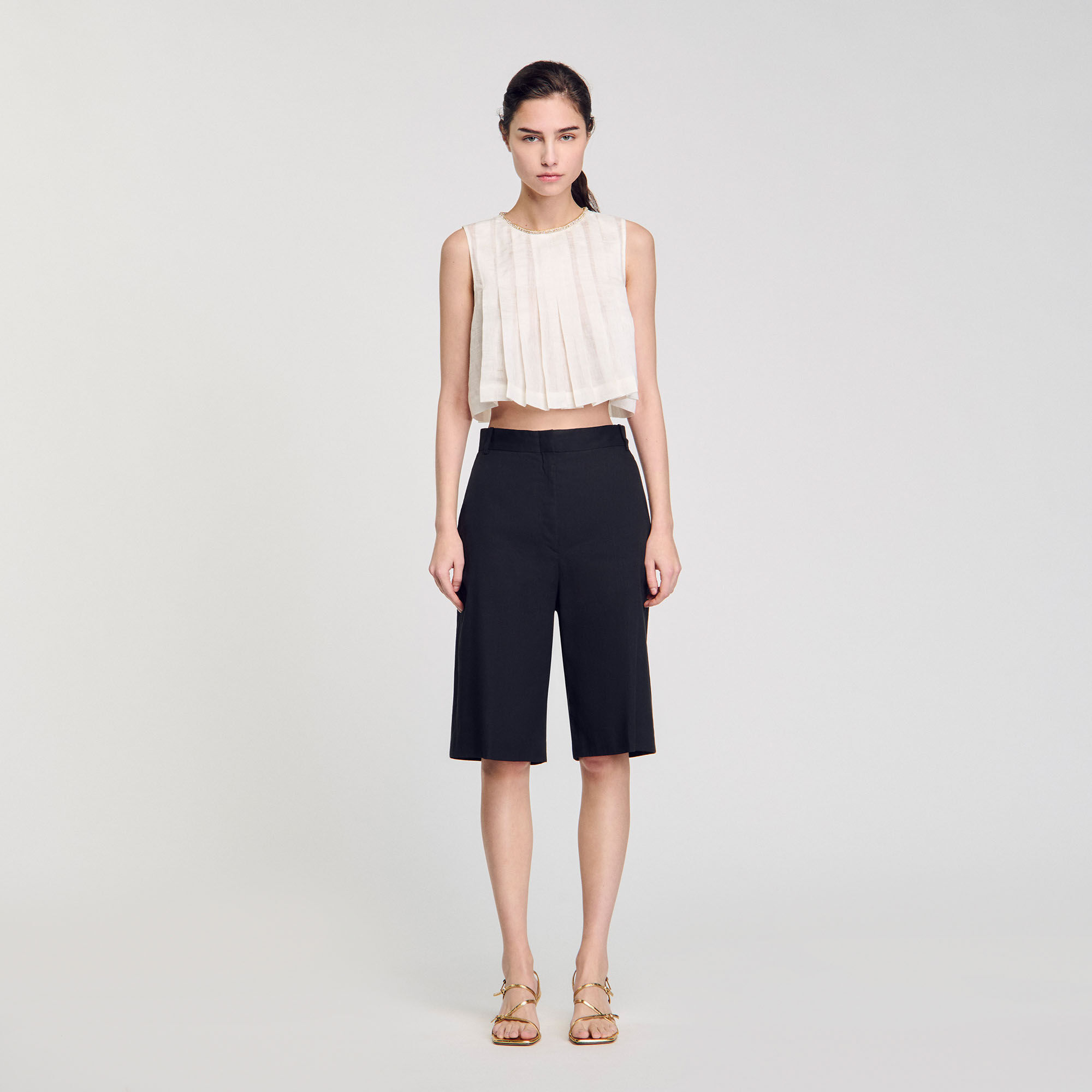 Pleated rhinestone neck crop top