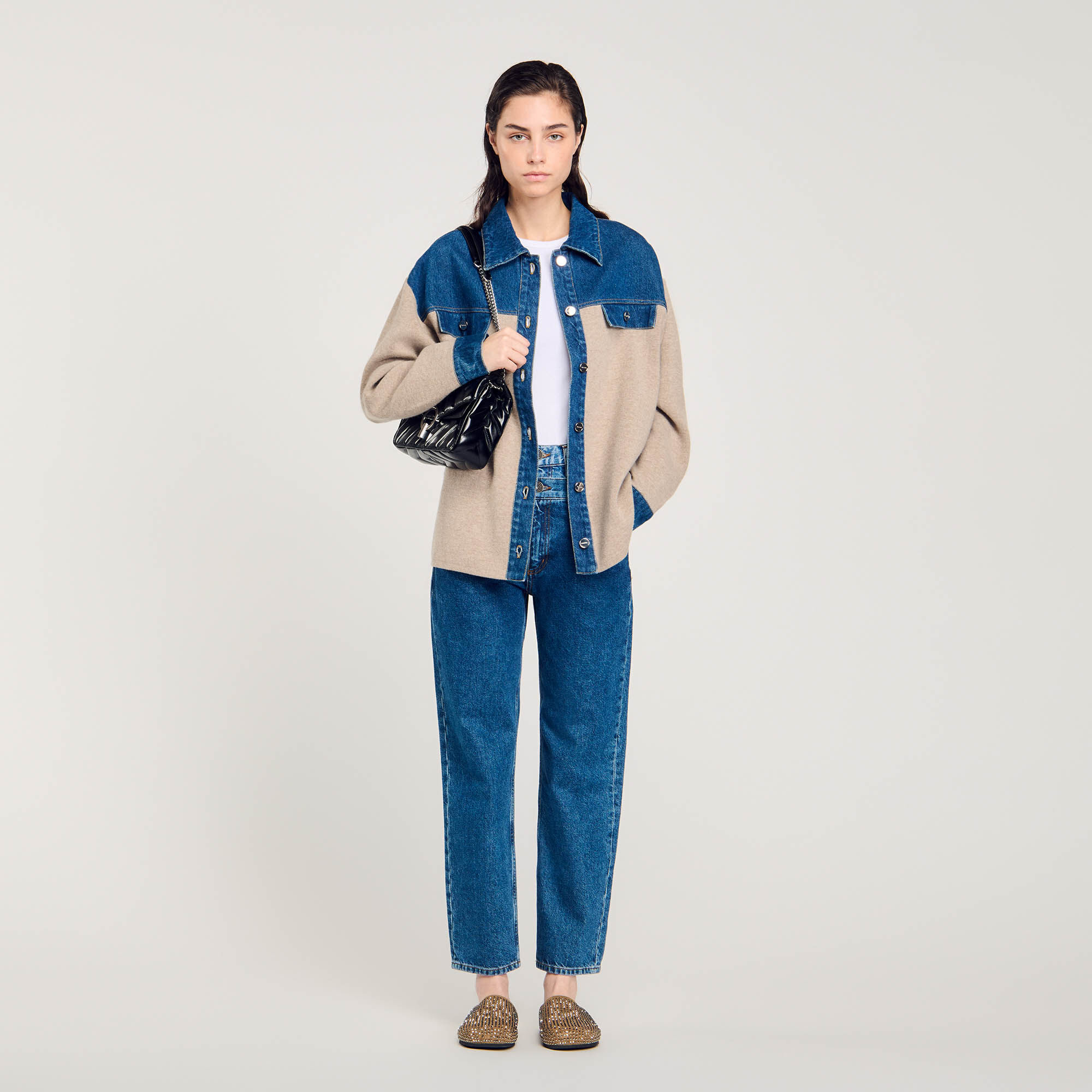 Denim and knitwear coatigan white beige For Women Sandro Paris
