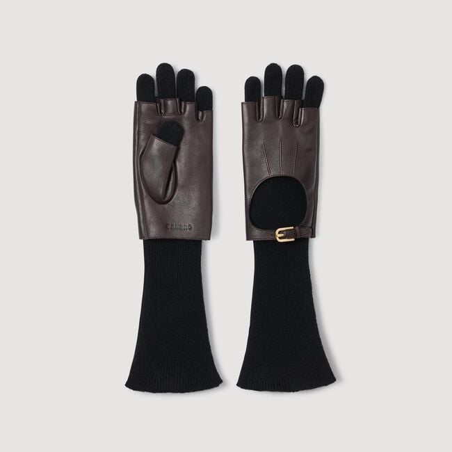 Long knit and leather gloves