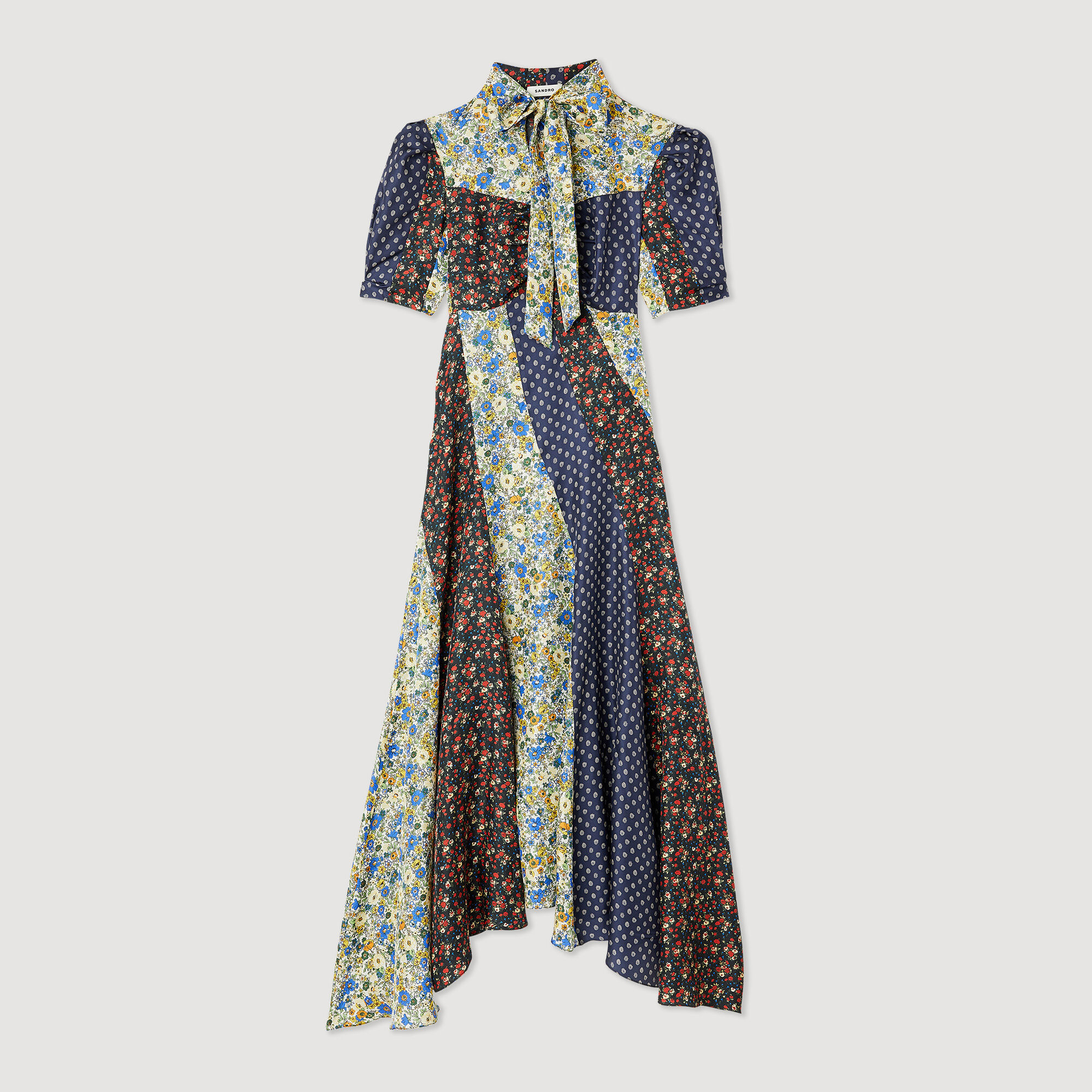 Long printed dress with pussy bow collar