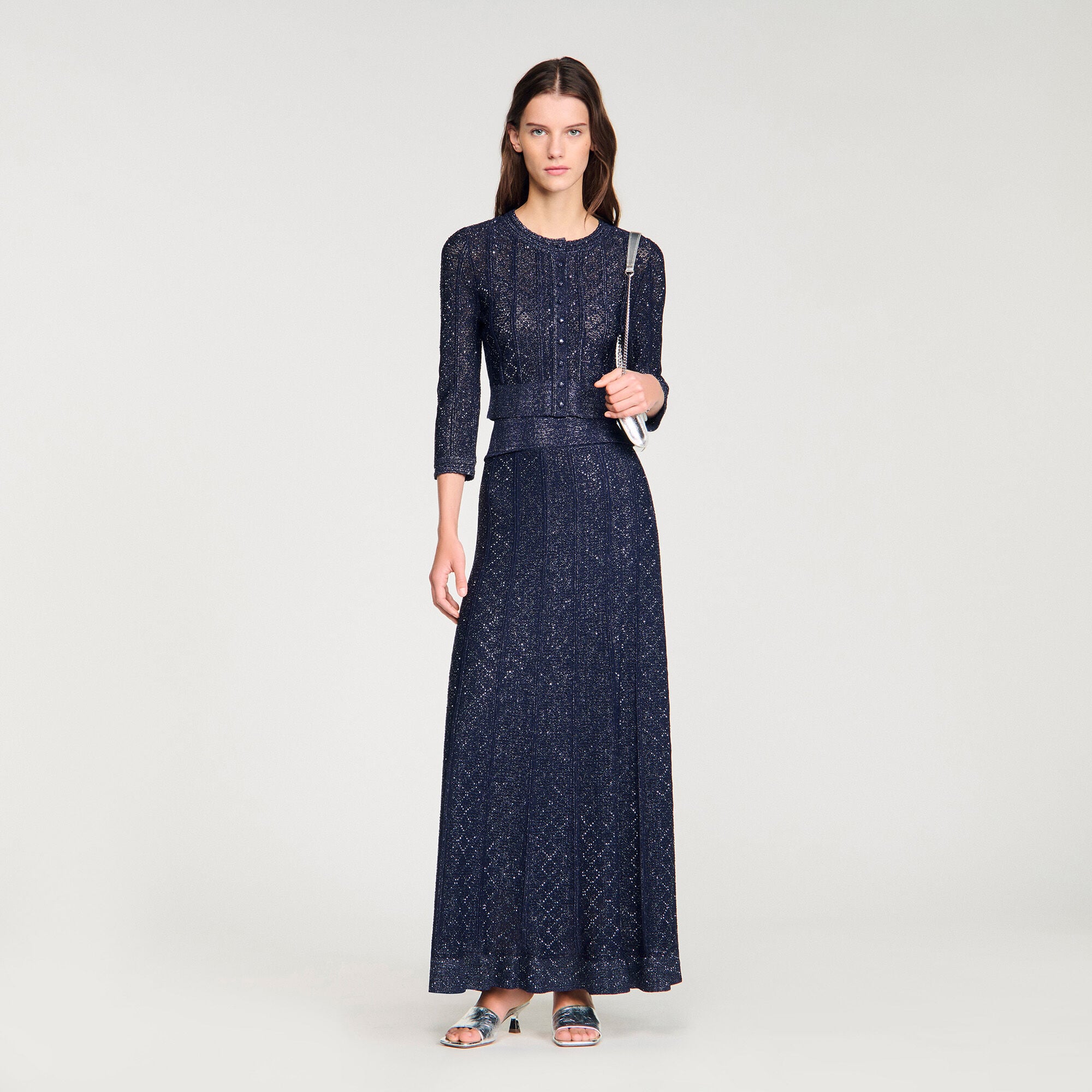 Strass knit cropped cardigan blue For Women | Sandro Paris