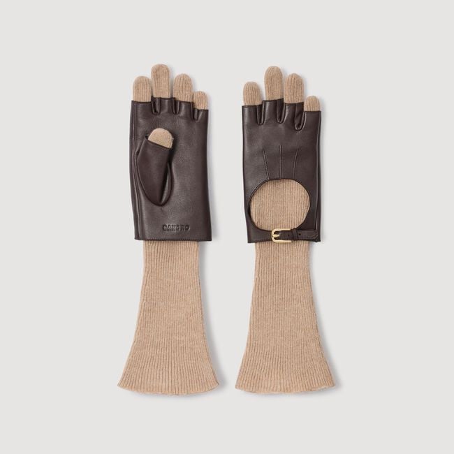 Long knit and leather gloves
