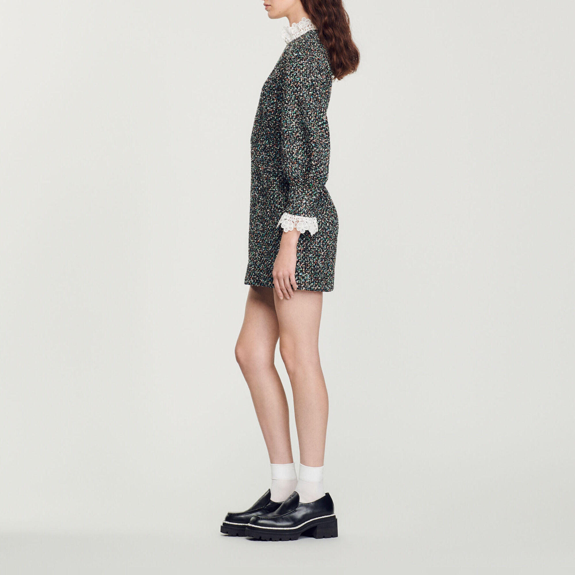 Tweed dress with trimmed neckline