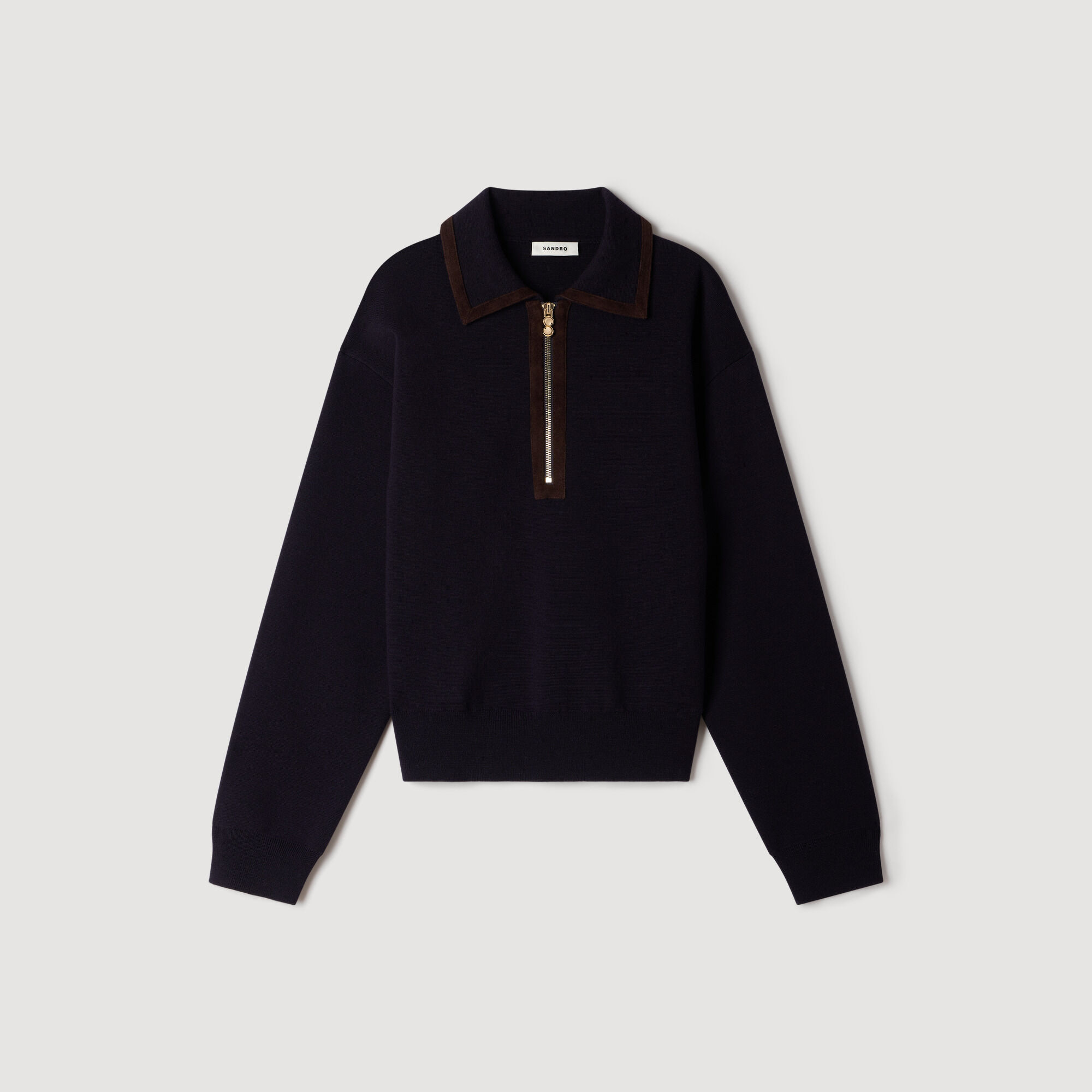 Zip polo jumper with suede collar - Women | Sandro