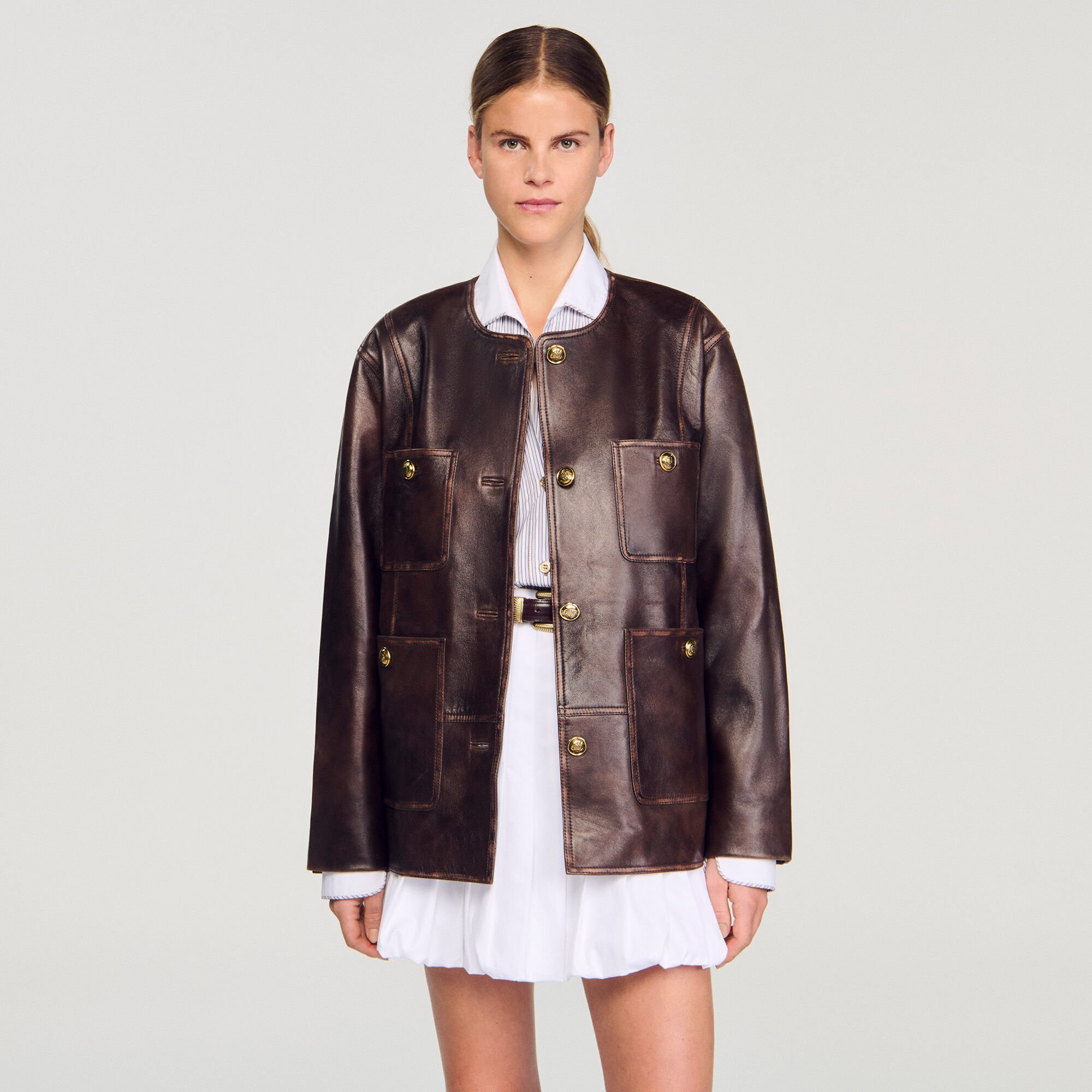 Long distressed leather jacket