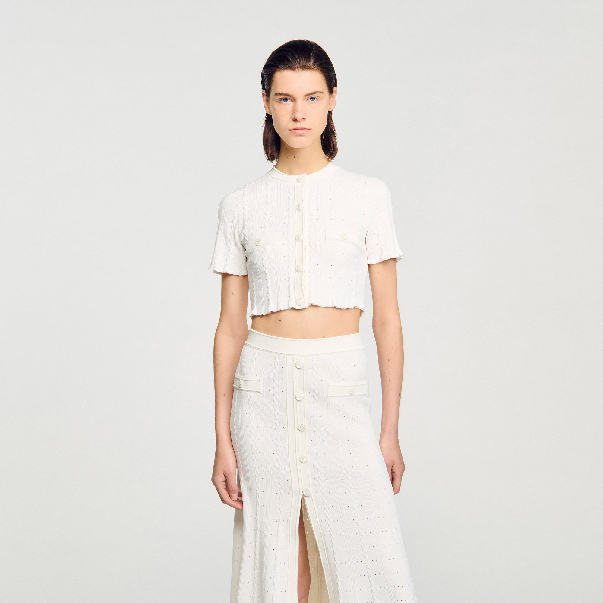 Cropped pointelle knit cardigan
