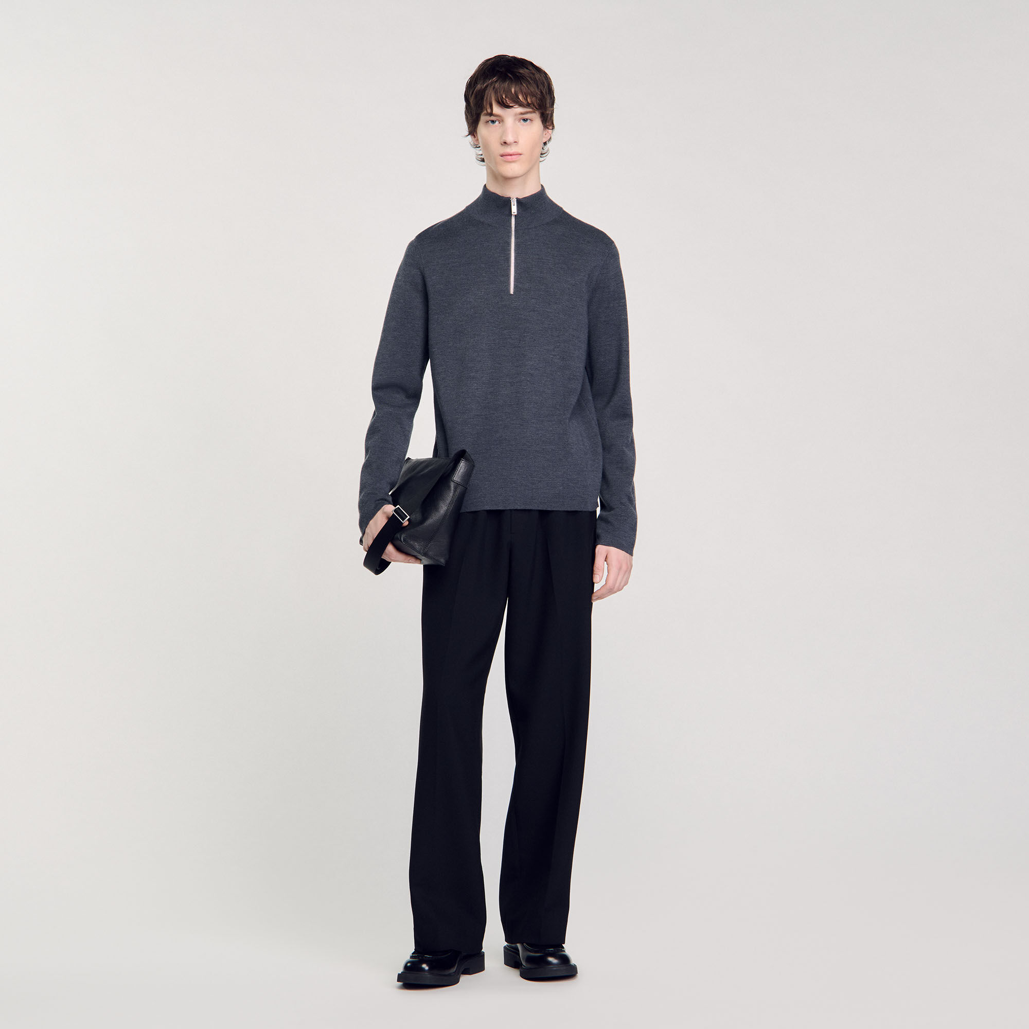 Wool jumper with zip collar black gray for Men Sandro Paris