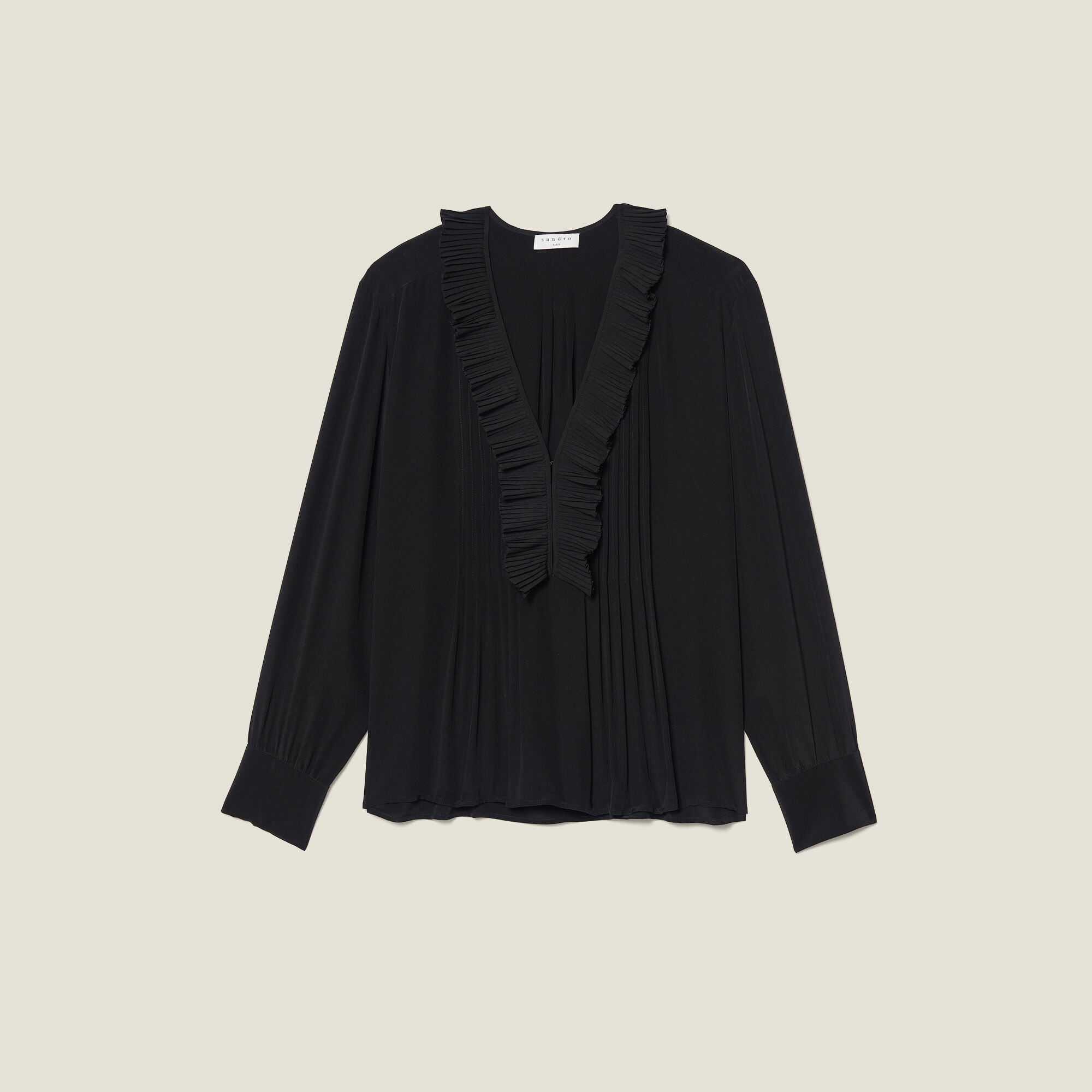Silk top with pleat edged neckline