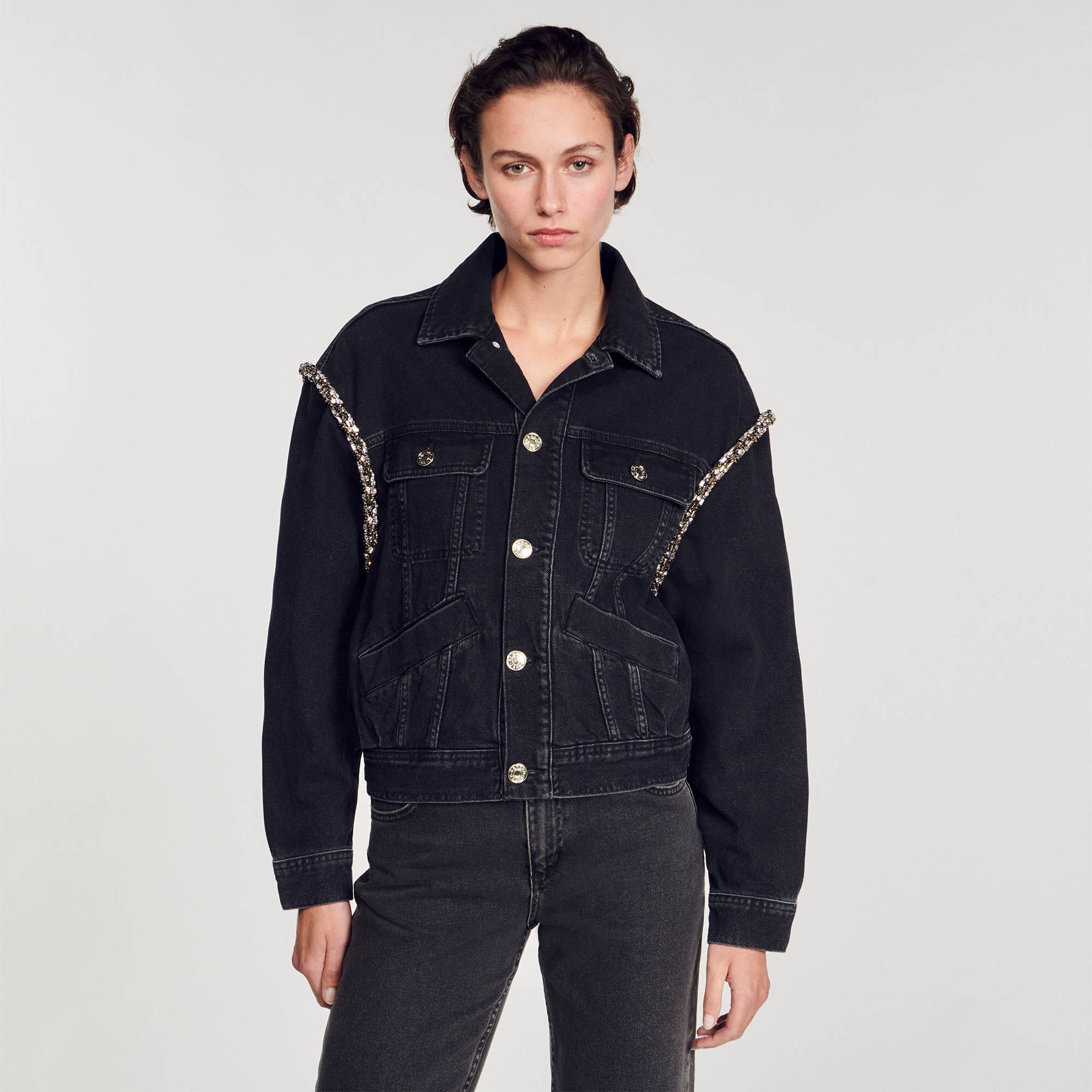 Oversized denim jacket with rhinestones