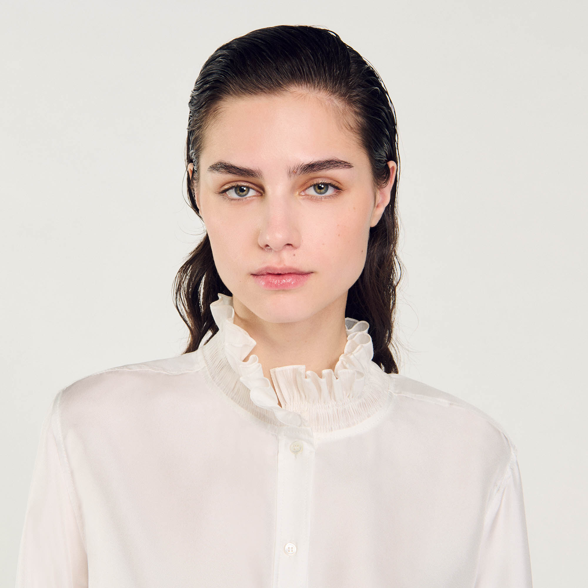 Silk shirt with gathered collar