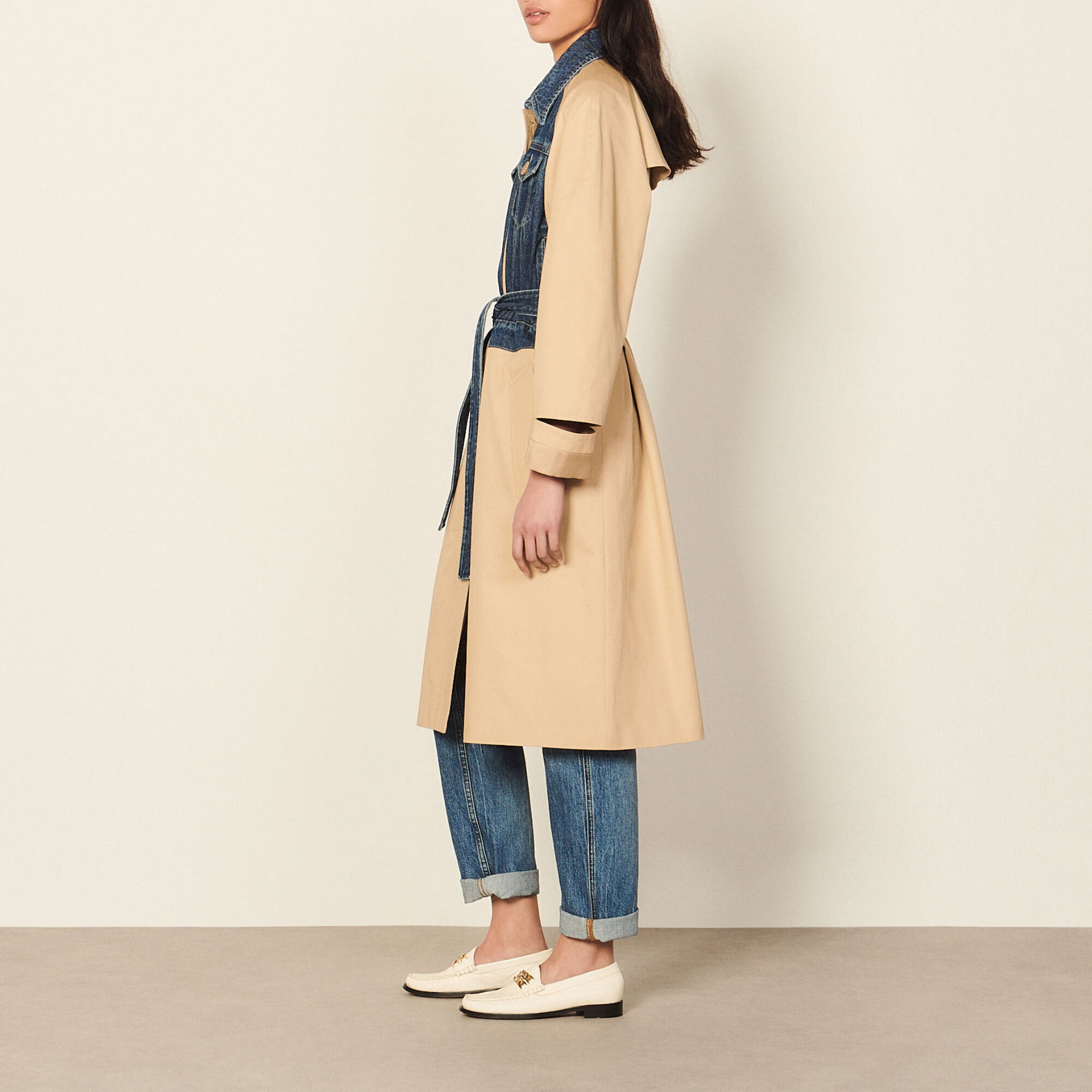 Mixed-material trench coat