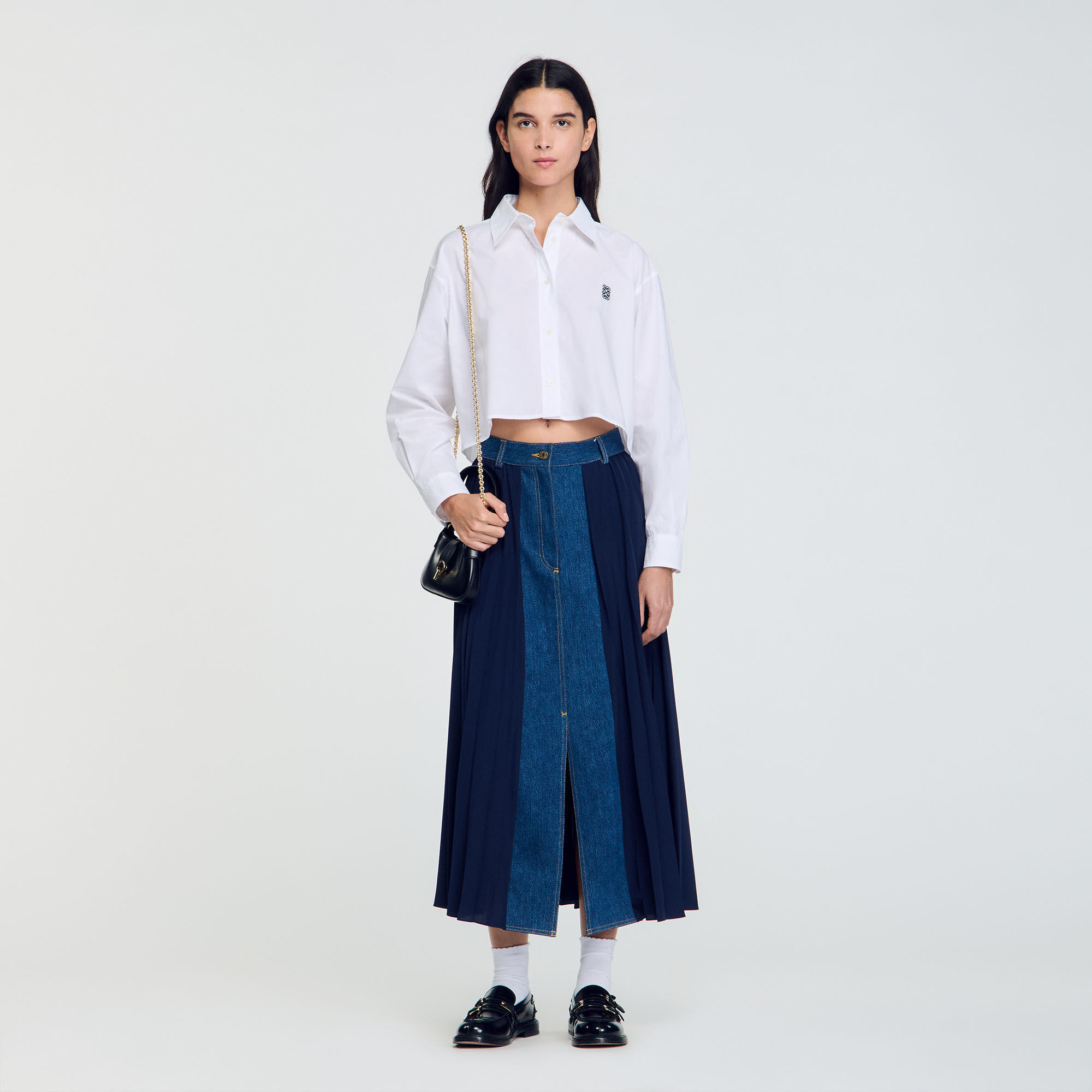 Pleated overall skirt denim store