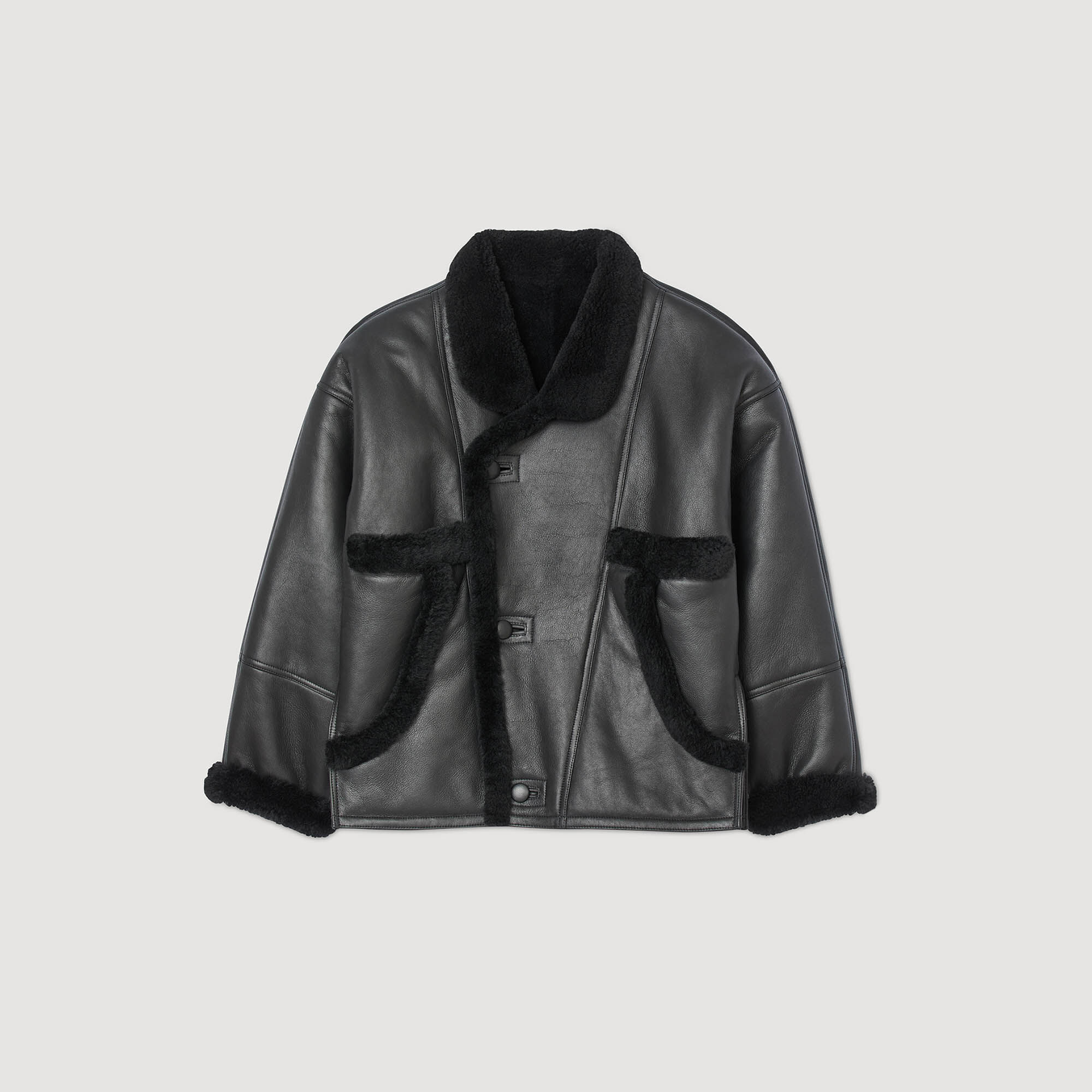 Short shearling coat black / gray For Women | Sandro Paris