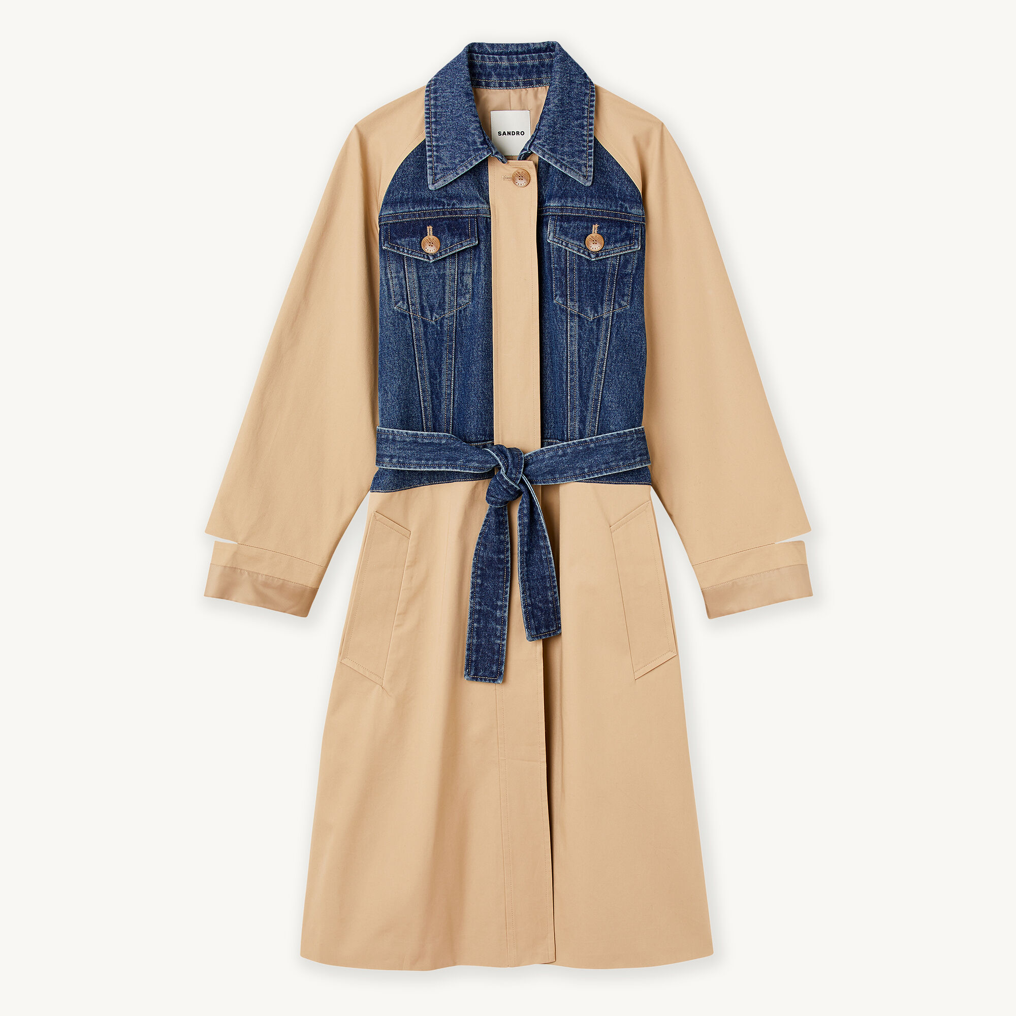 Mixed-material trench coat