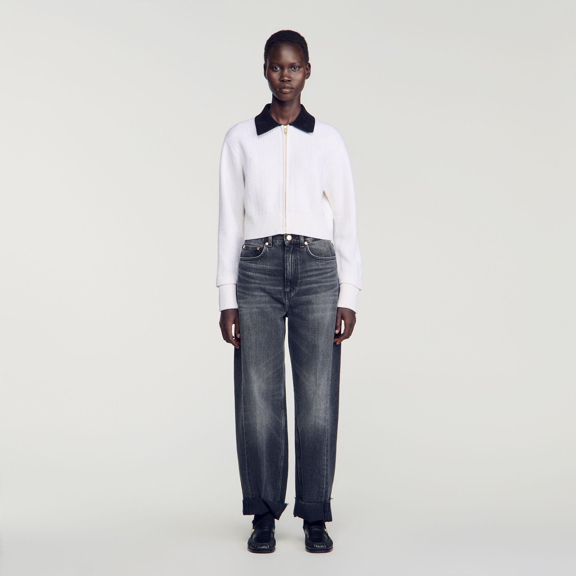 Cable knit velvet collar cardigan - Women | Sandro