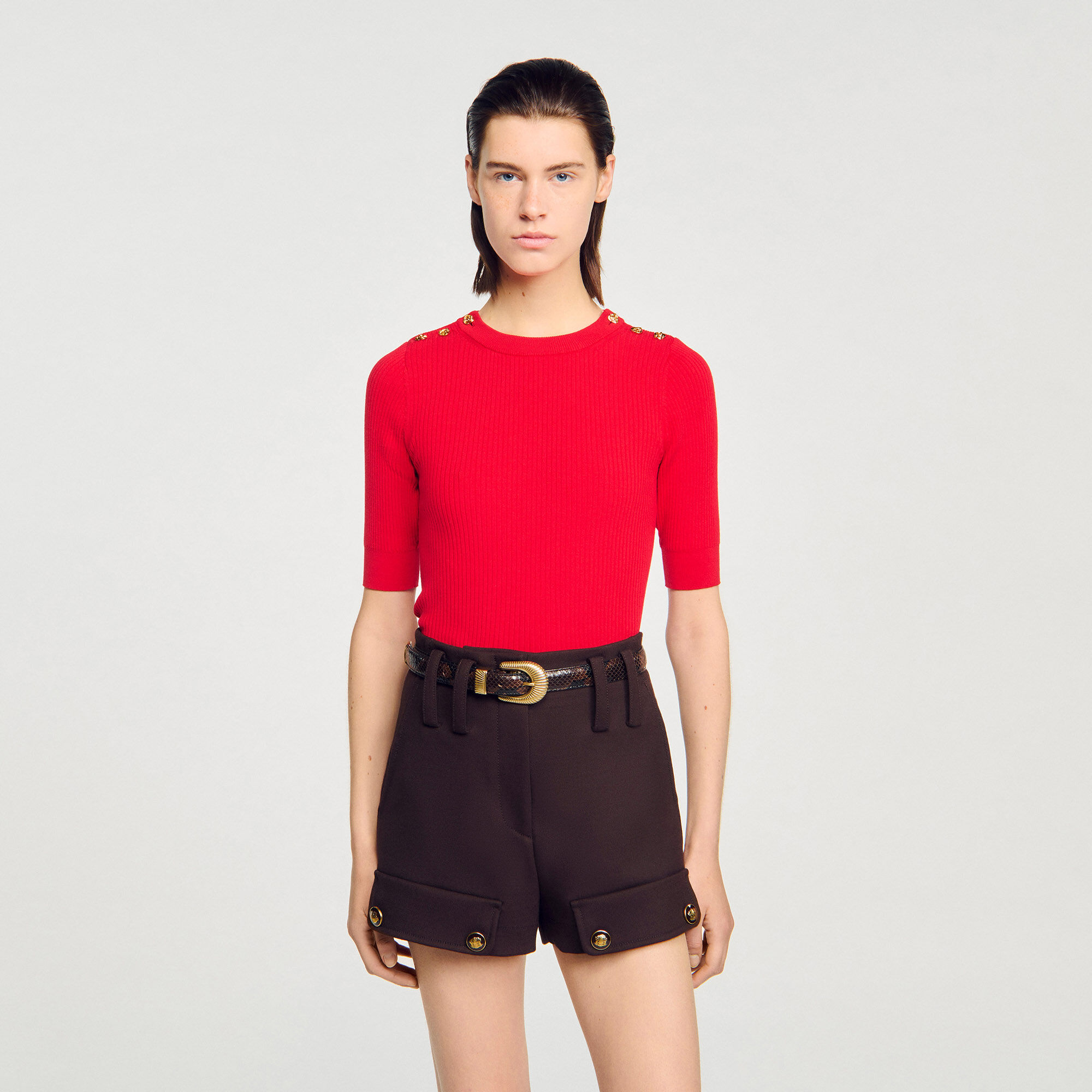 Short-sleeve ribbed jumper