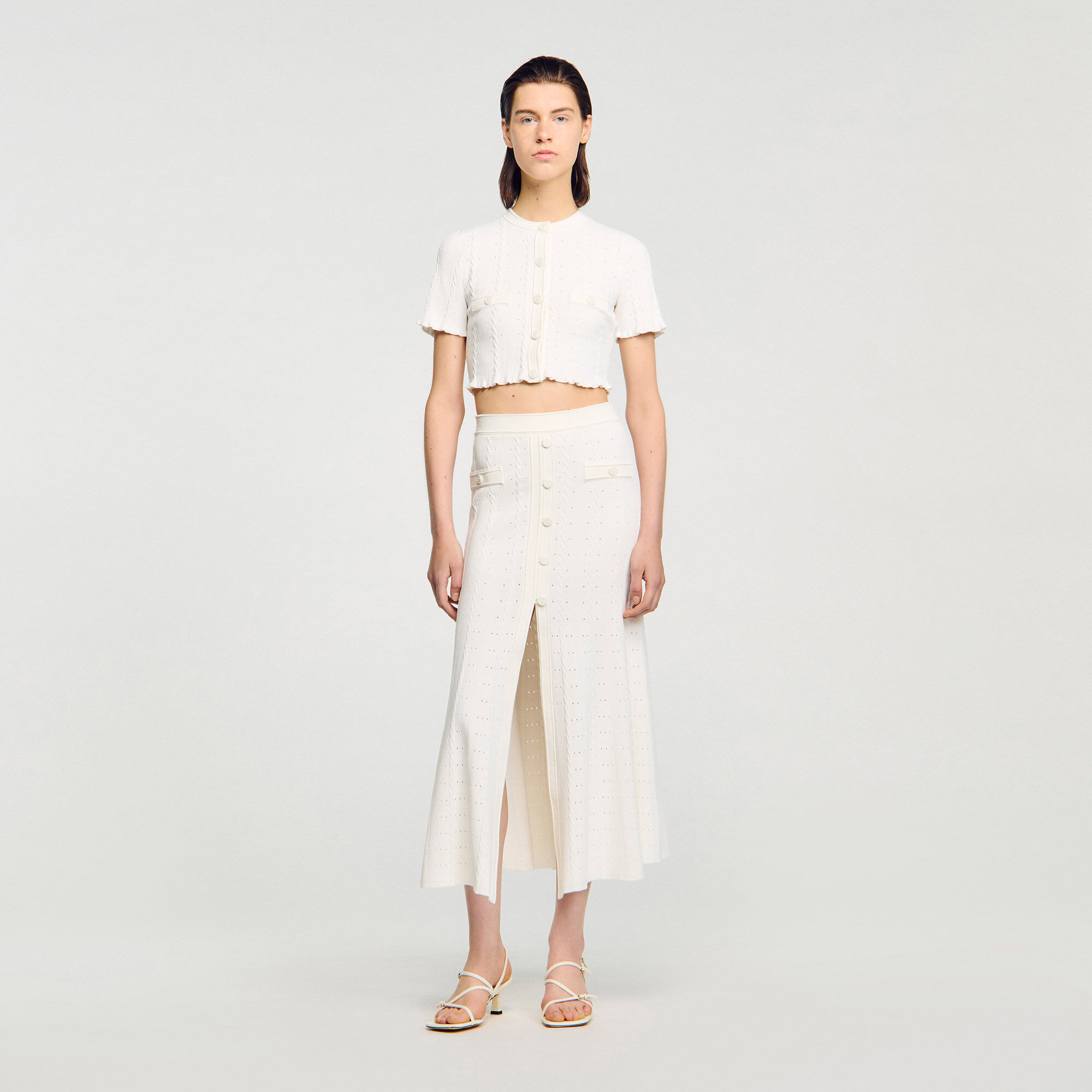 Cropped pointelle knit cardigan
