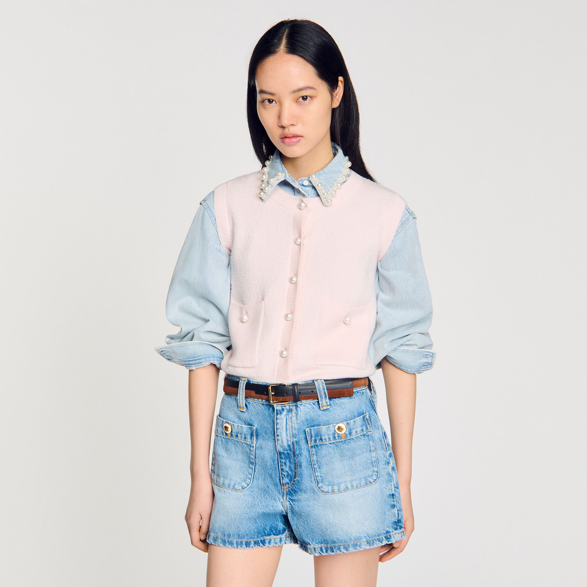 トップス short cardigan Textured tweed cardigan pink For Women | Sandro Paris