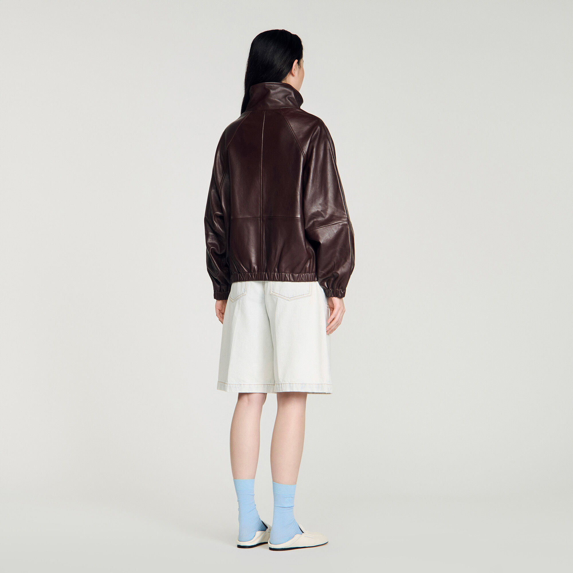 Oversized zip-up leather jacket brown For Women | Sandro Paris