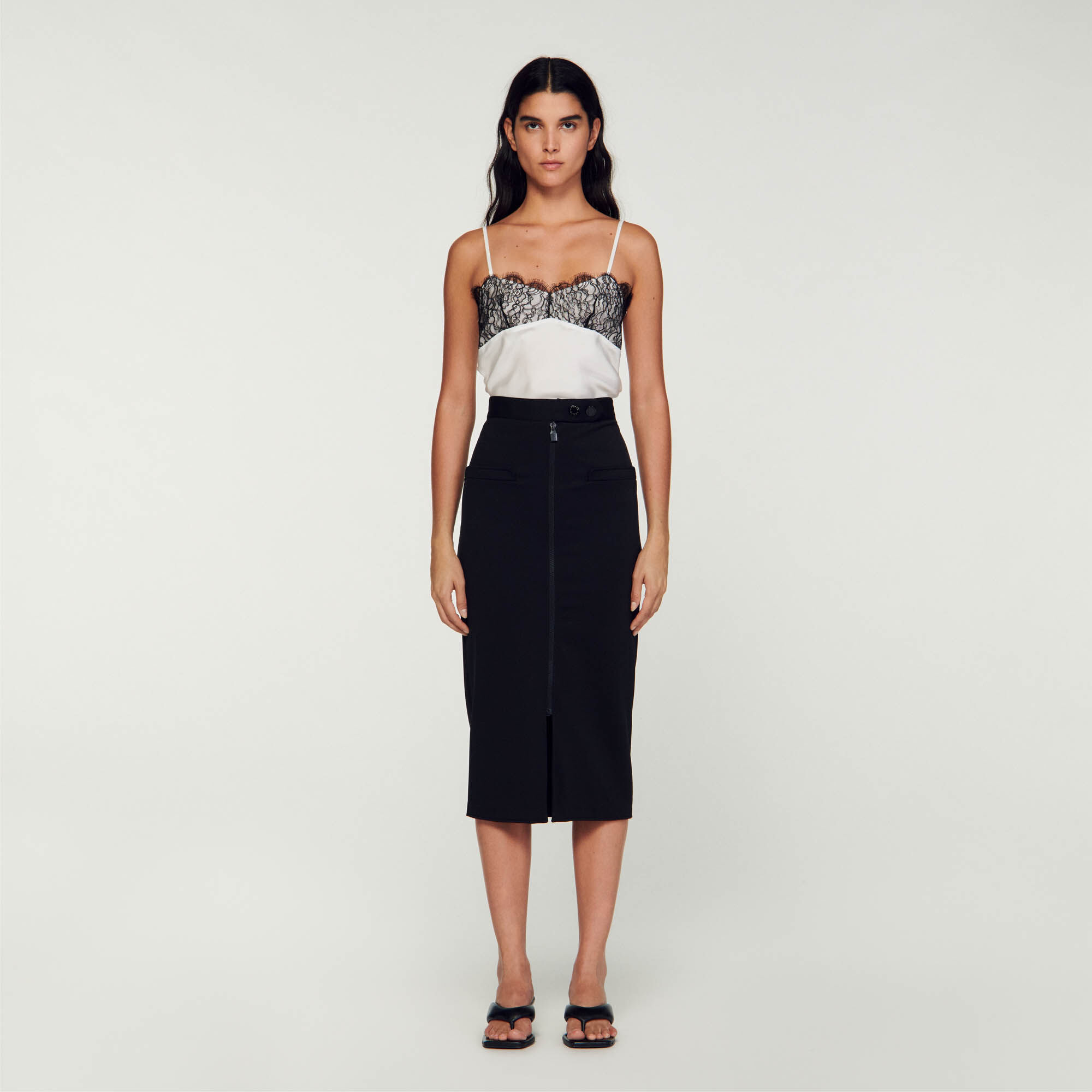 Straight fit zip up skirt Black Gray Sandro Paris