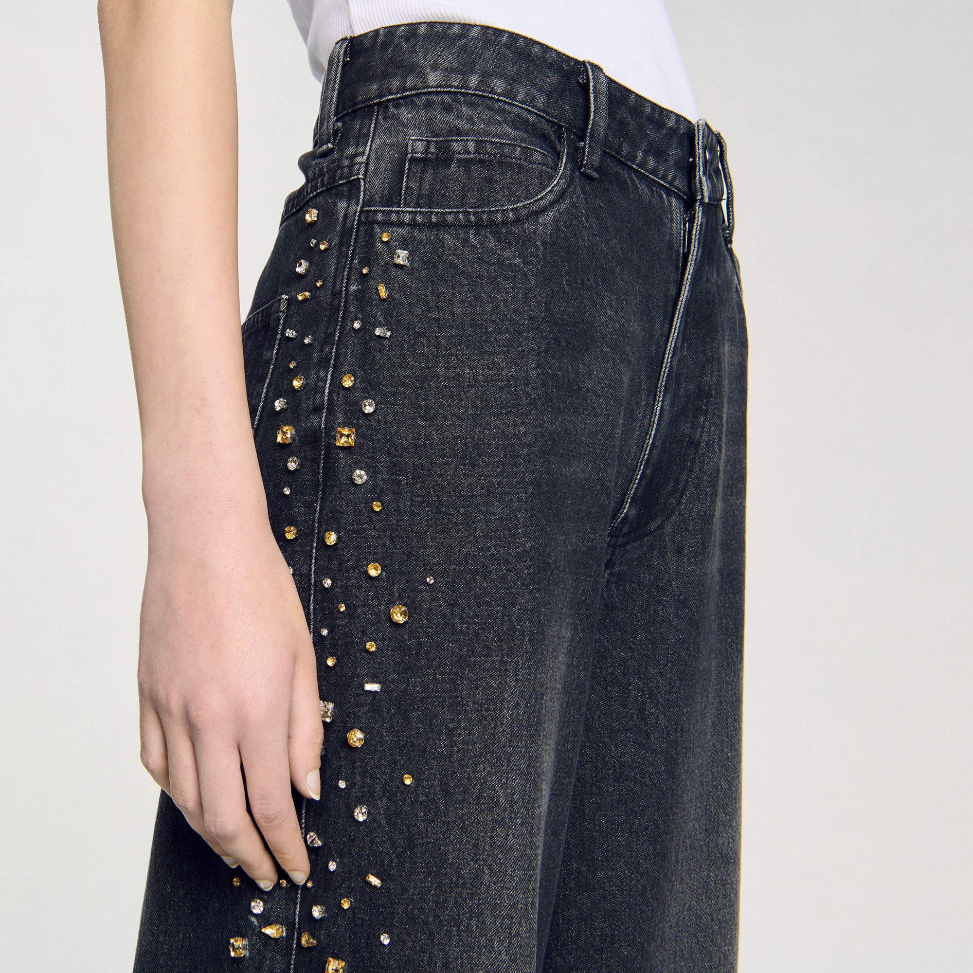 【SANDRO】Rhinestone Embellished Wide Leg Jeans in Sand Wide-leg rhinestone jeans blue For Women | Sandro Paris