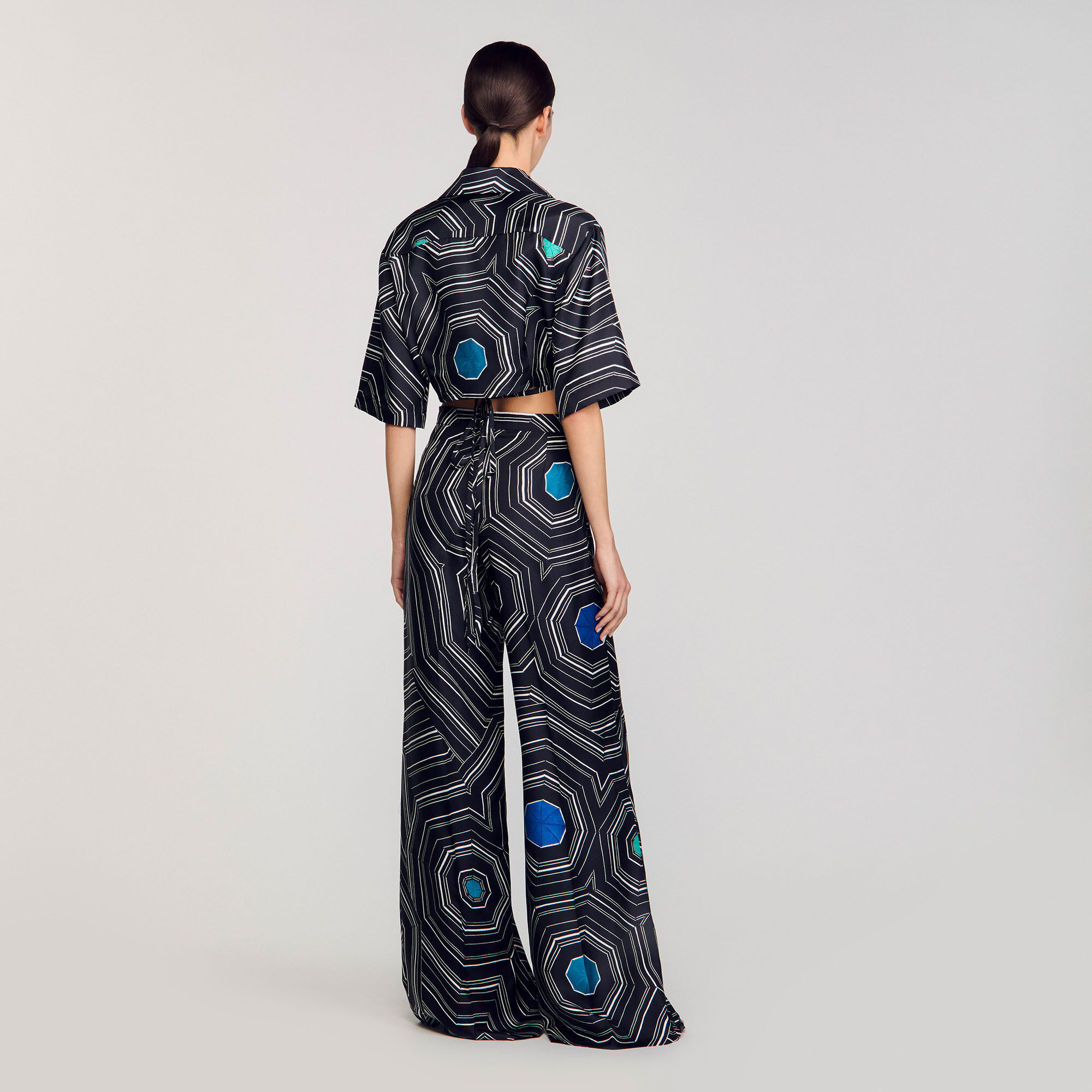 Spiral-print silk trousers