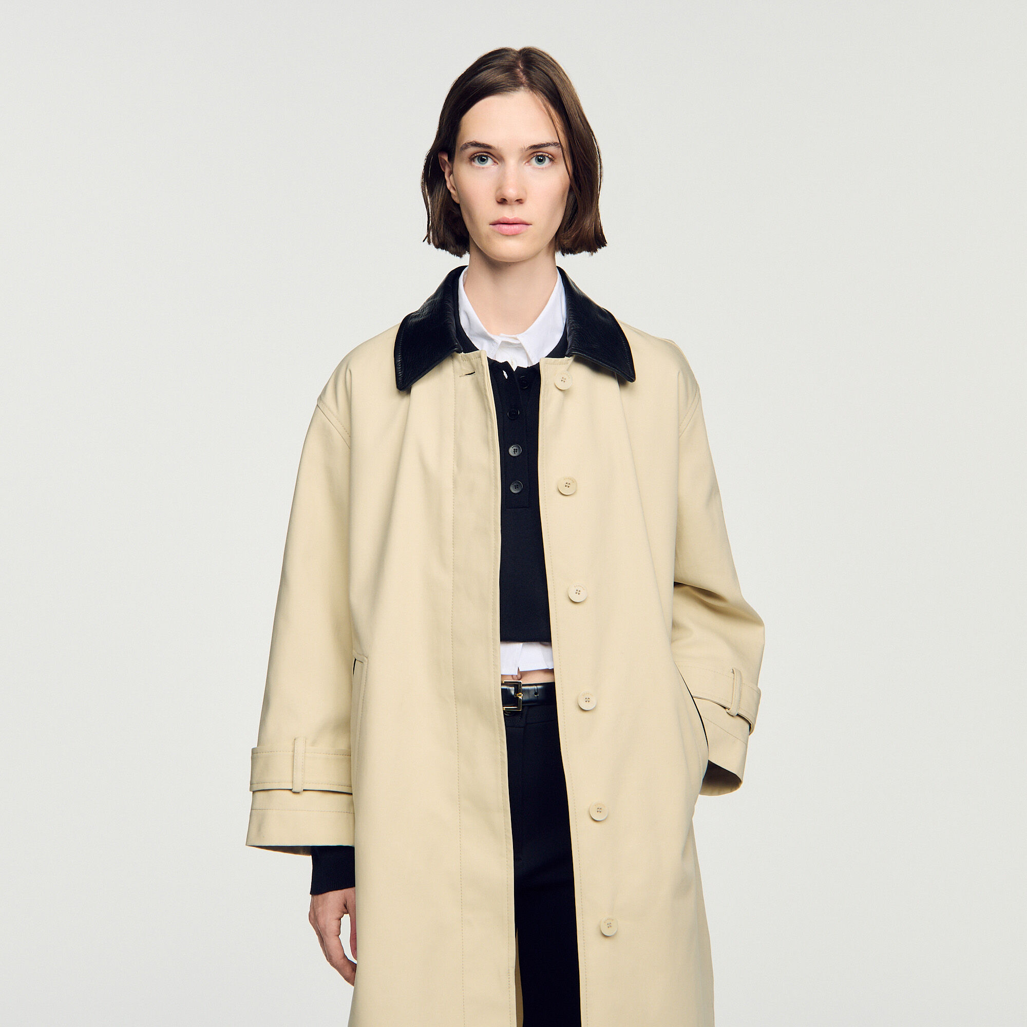 Long coat with leather collar - Women | Sandro
